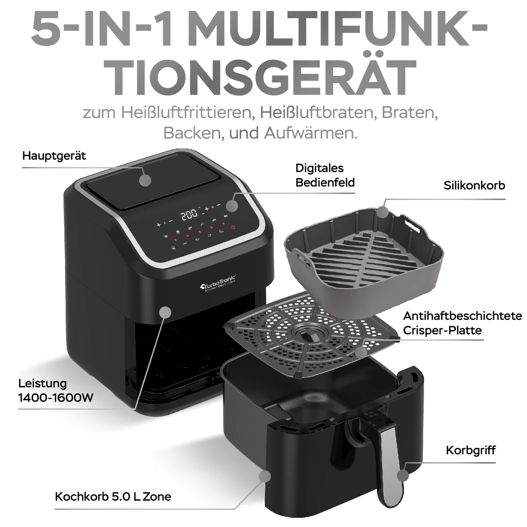 TurboTronic by Z-Line Heißluftfritteuse XL 5L für 0,5 kg perfekte Pommes mit Silikoneinlage 1600W Airfryer, 1600 W, gesundes Kochen Air Friteuse ohne Fett Öl Grill Braten