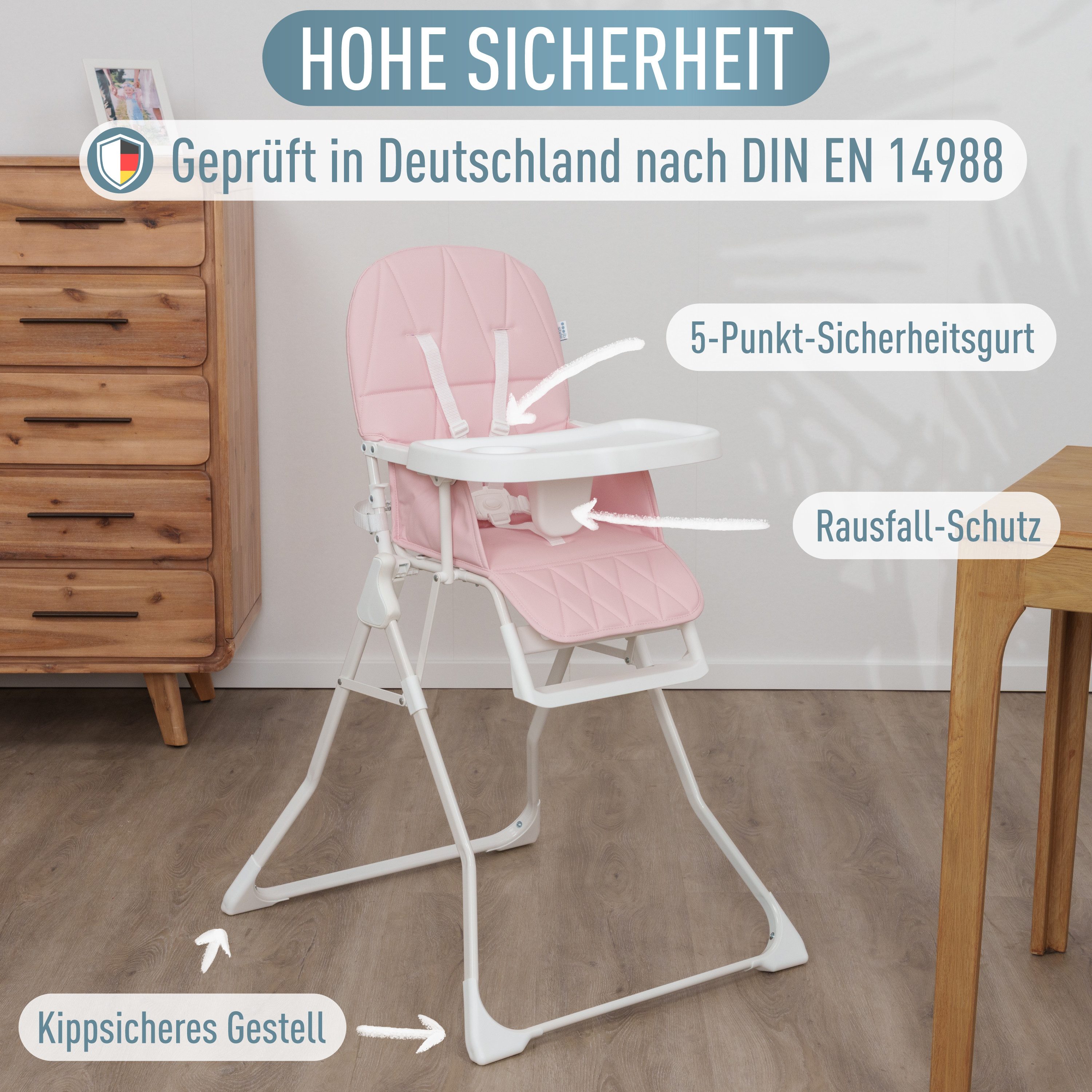 ib style Hochstuhl Baby Leno, Kinderhochstuhl Klappbar & Mitwachsend mit Gurt (Platzsparend klappbar, Weiche Polsterung, 5-Punkt-Gurt, Rutschsicherung, Mitwachsend, Leicht & mobil, Pflegeleicht & hygienisch)