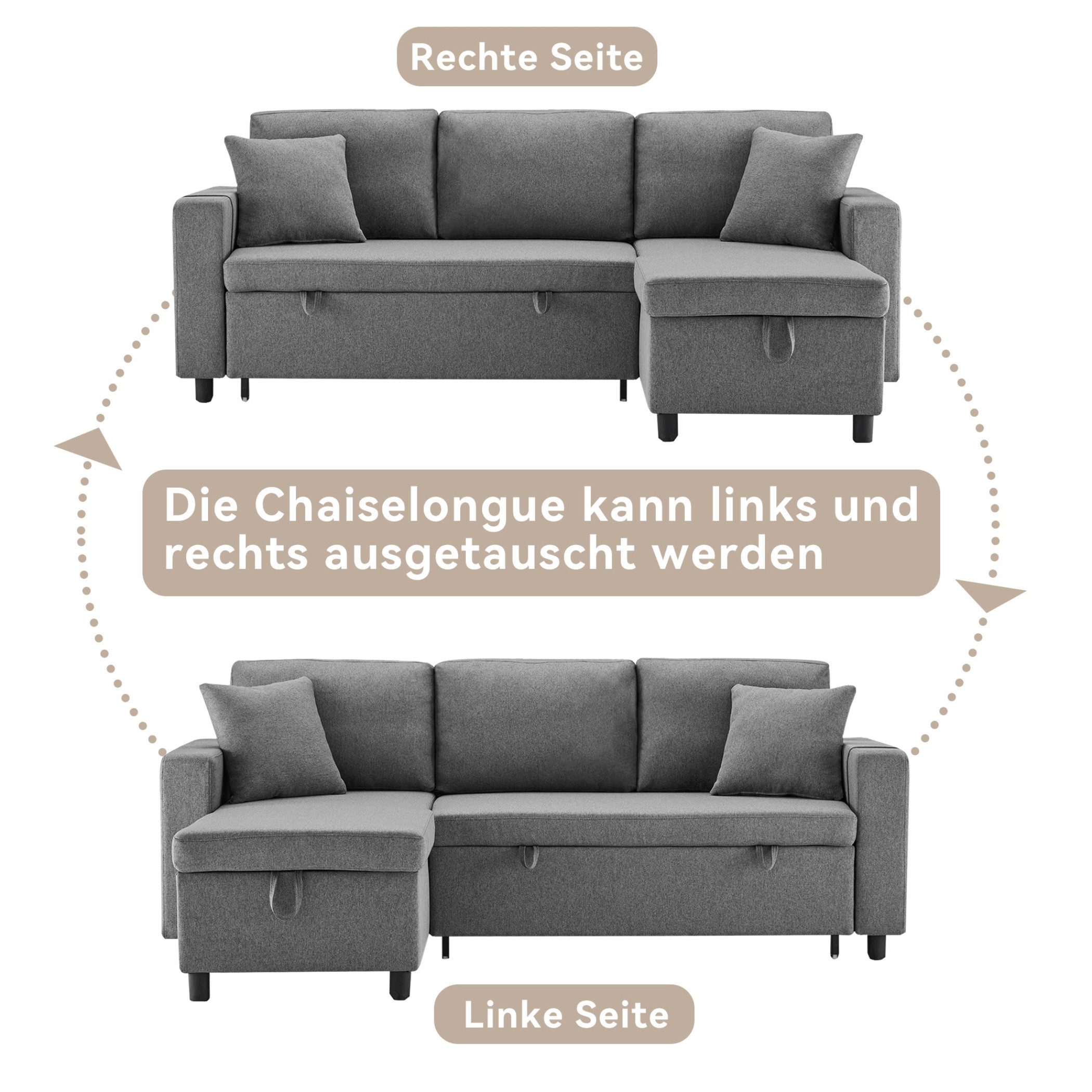 SeedWave Schlafsofa Leinenstoffen Schlafsofa für 3-4 Personen, Ecksofa und Bett in Einem, Polstersofa mit Chaiselongue, Seitenfach und Stauraum
