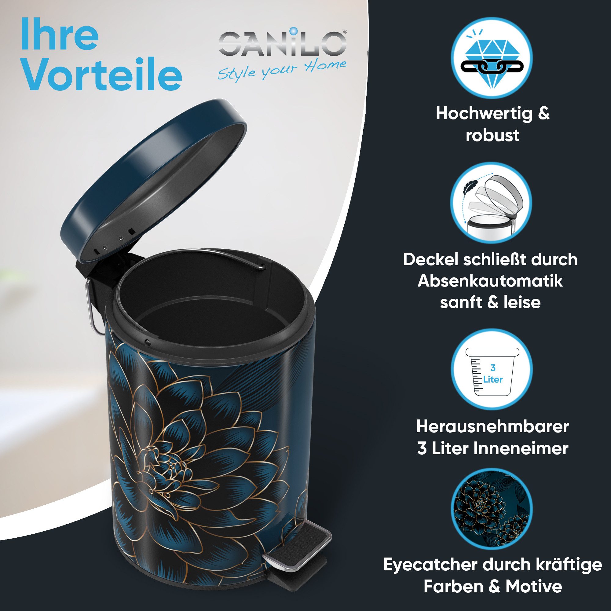 Sanilo Kosmetikeimer mit Motiv, viele schöne Bad Mülleimer zur Auswahl, 3 Liter, Abfalleimer mit Absenkautomatik & Innenbehälter
