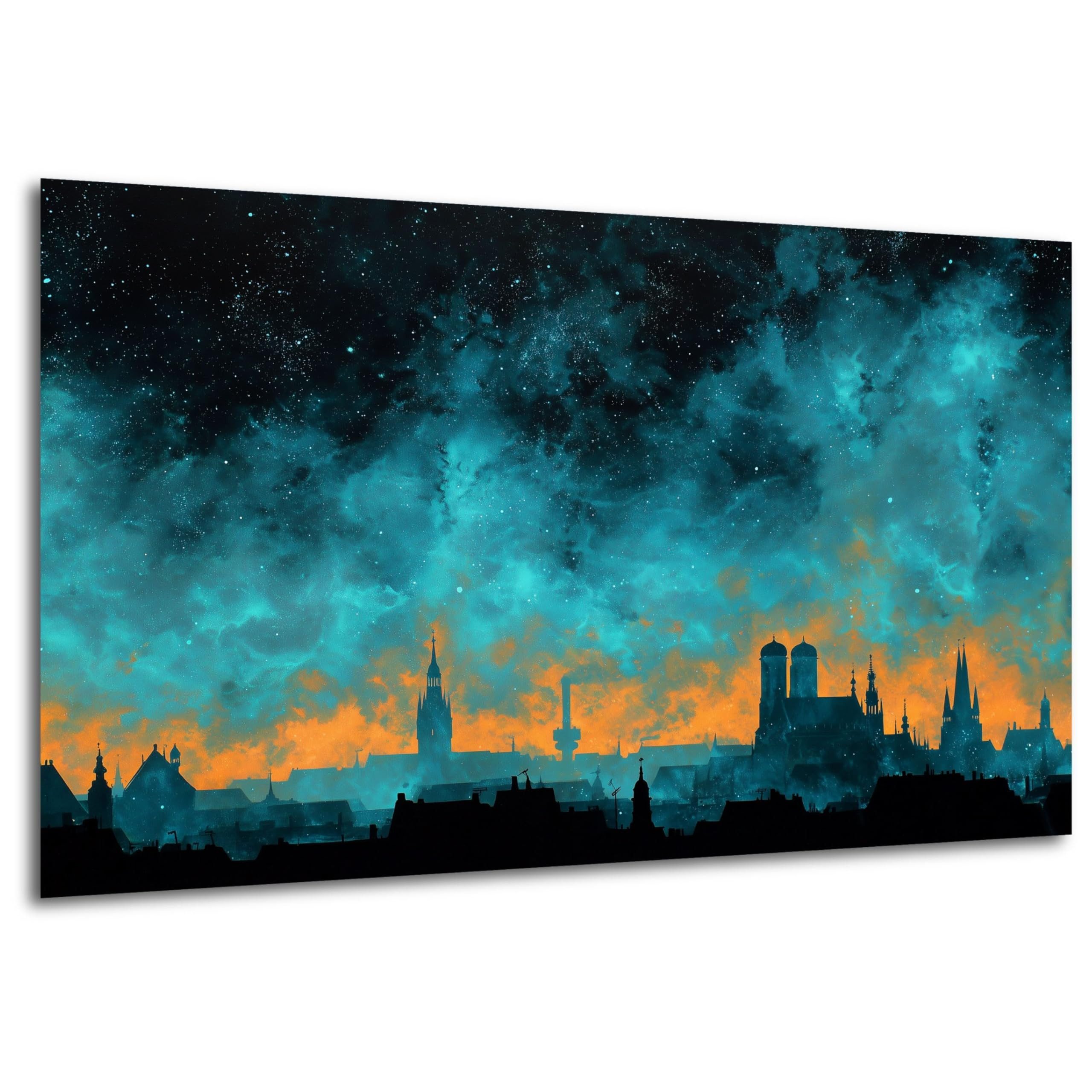DARO Design Wandbild München Wandbilder Wand Deko Bilder Modern Leinwandbild, (München Panorama im türkisen Nebellicht - Bild groß Wohnzimmer Büro Flur Schlafzimmer Esszimmer Einteilig Querformat Fotodruck Städte-Skyline), 40x60 cm