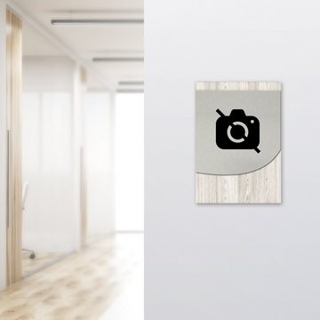 Kreative Feder Hinweisschild "Keine Fotos" - modernes Business-Schild aus Holz und Alu, für Innenräume; ideal für Büro, Schule, Universität