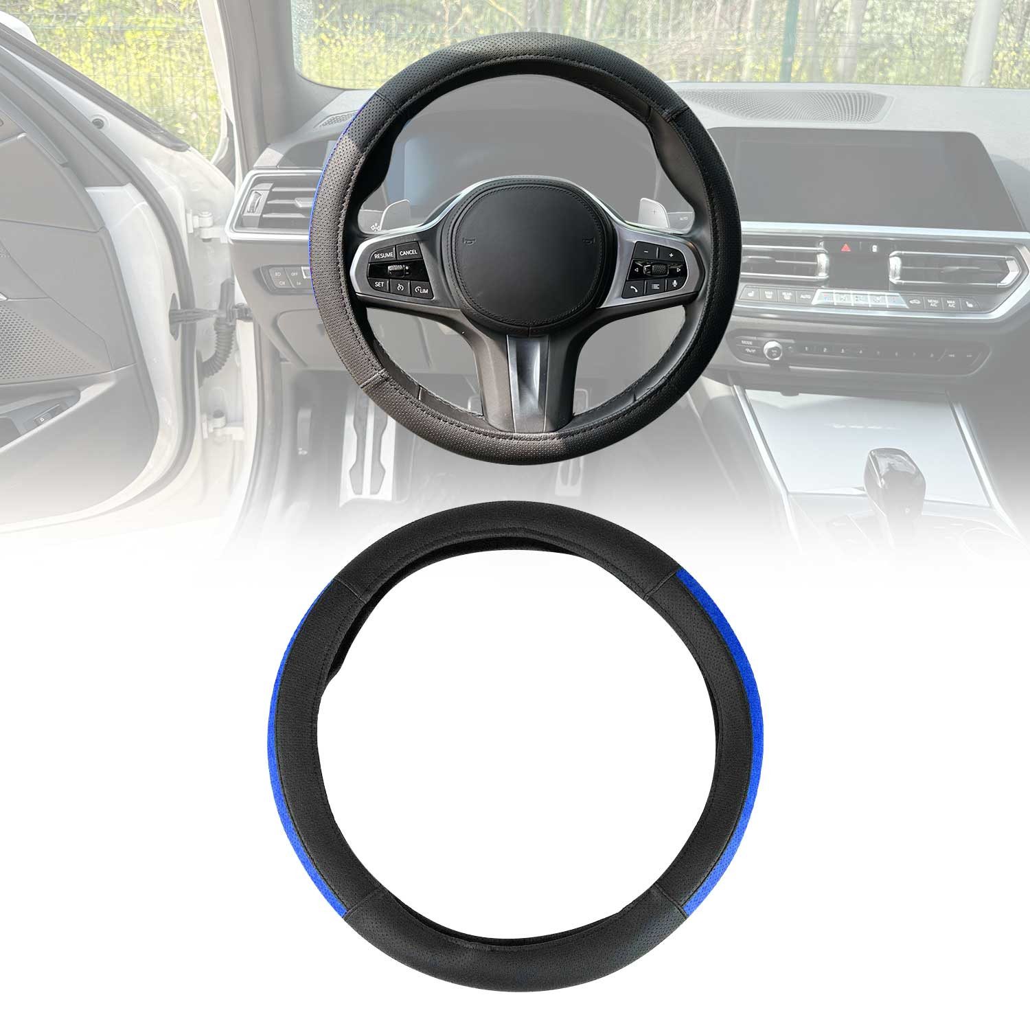 OMAC Lenkradbezug Lenkradschoner Lenkrad abdeckung Schwarz Halbmond Blau Ø 38-40 cm, (1-tlg), Geruchlos, Leicht Anpassbar, Flexibel