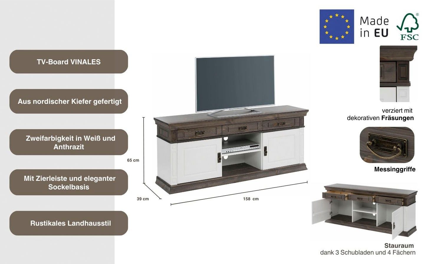 OTTO home TV-Board Vinales, Sideboard, Lowbord, Kommode, Breite 158 cm, mit 3 Schubladen, FSC®