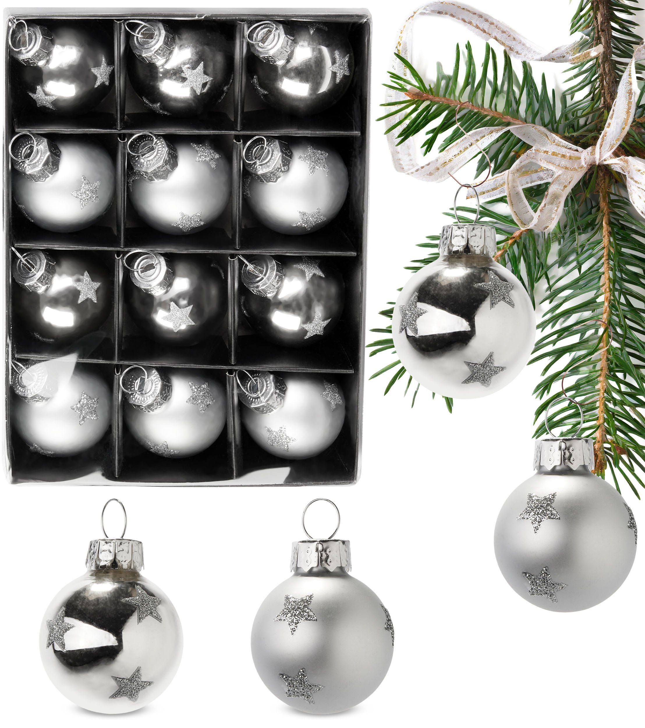 BRUBAKER Weihnachtsbaumkugel Weihnachtskugeln - 3 cm Baumkugel Set - Handbemalter Baumschmuck (12 St), Mini Kugeln mit Glitzer Sternen für Weihnachtsbaum und Weihnachtsdeko Silber