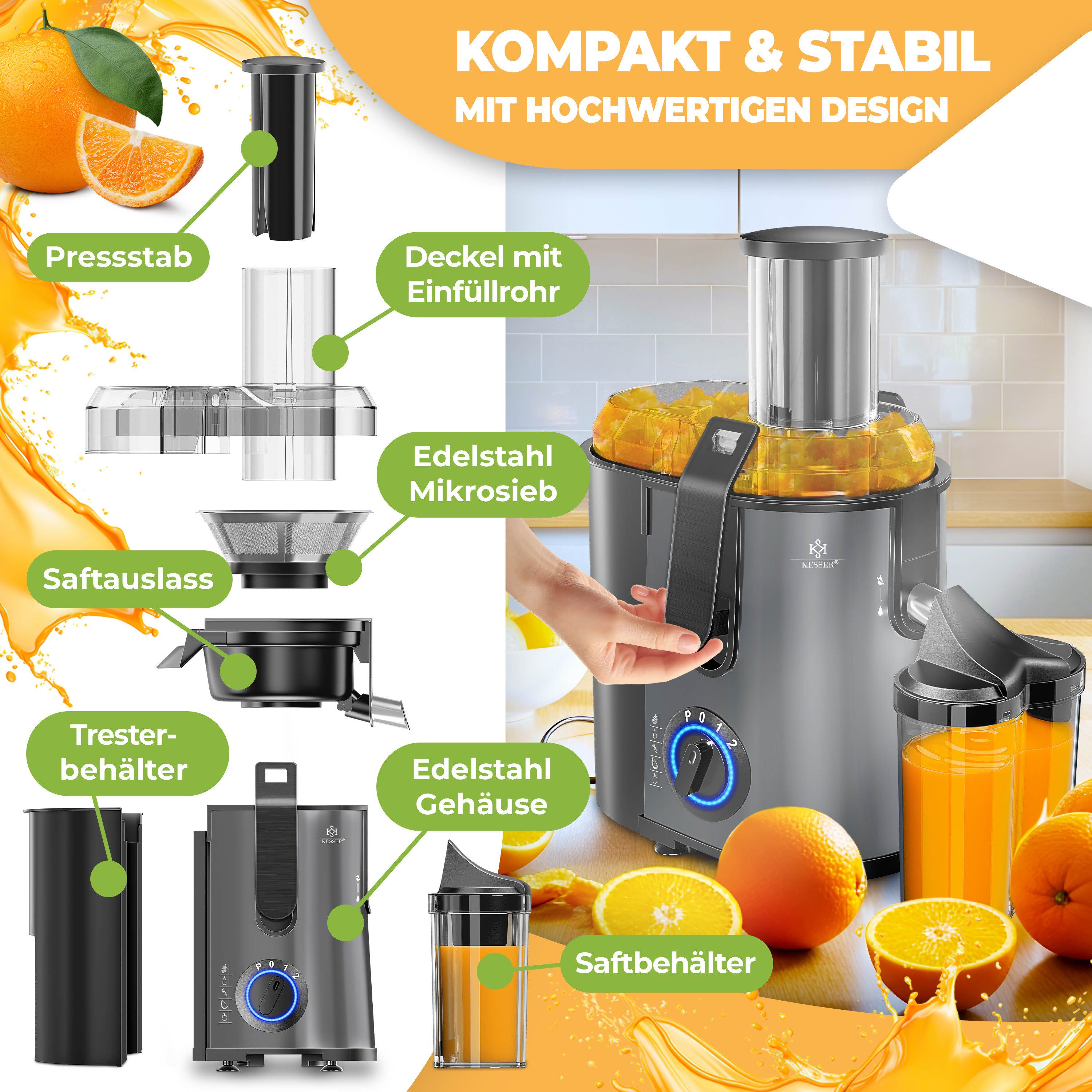 KESSER Entsafter für Obst und Gemüse aus Edelstahl Slow Juicer, 1100 W, elektrische Zentrifugal Saftpresse mit 3-Stufen