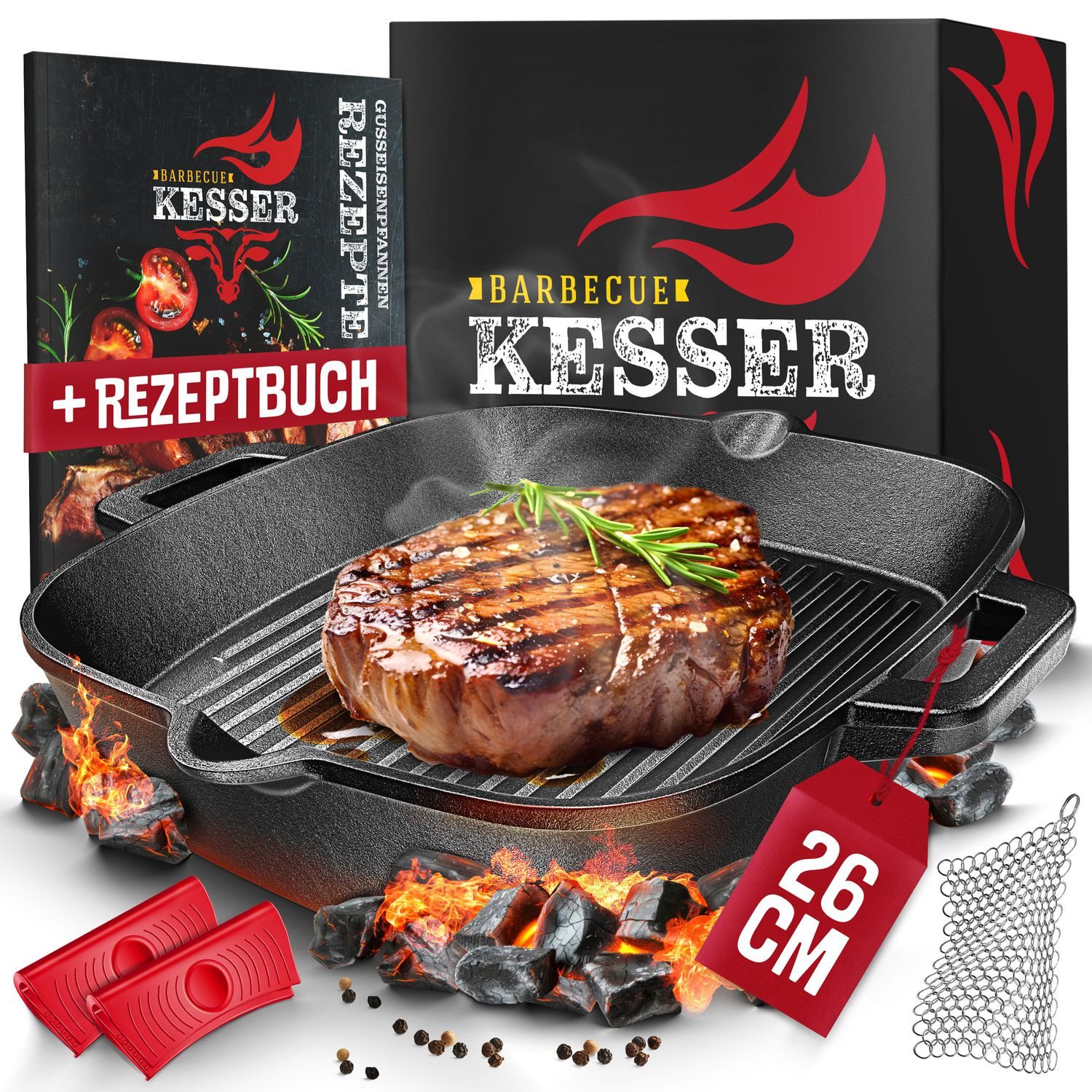 KESSER Grillpfanne, Gusseisenpfanne voreingebrannt Bratpfanne Gusseisen Steak Pfanne