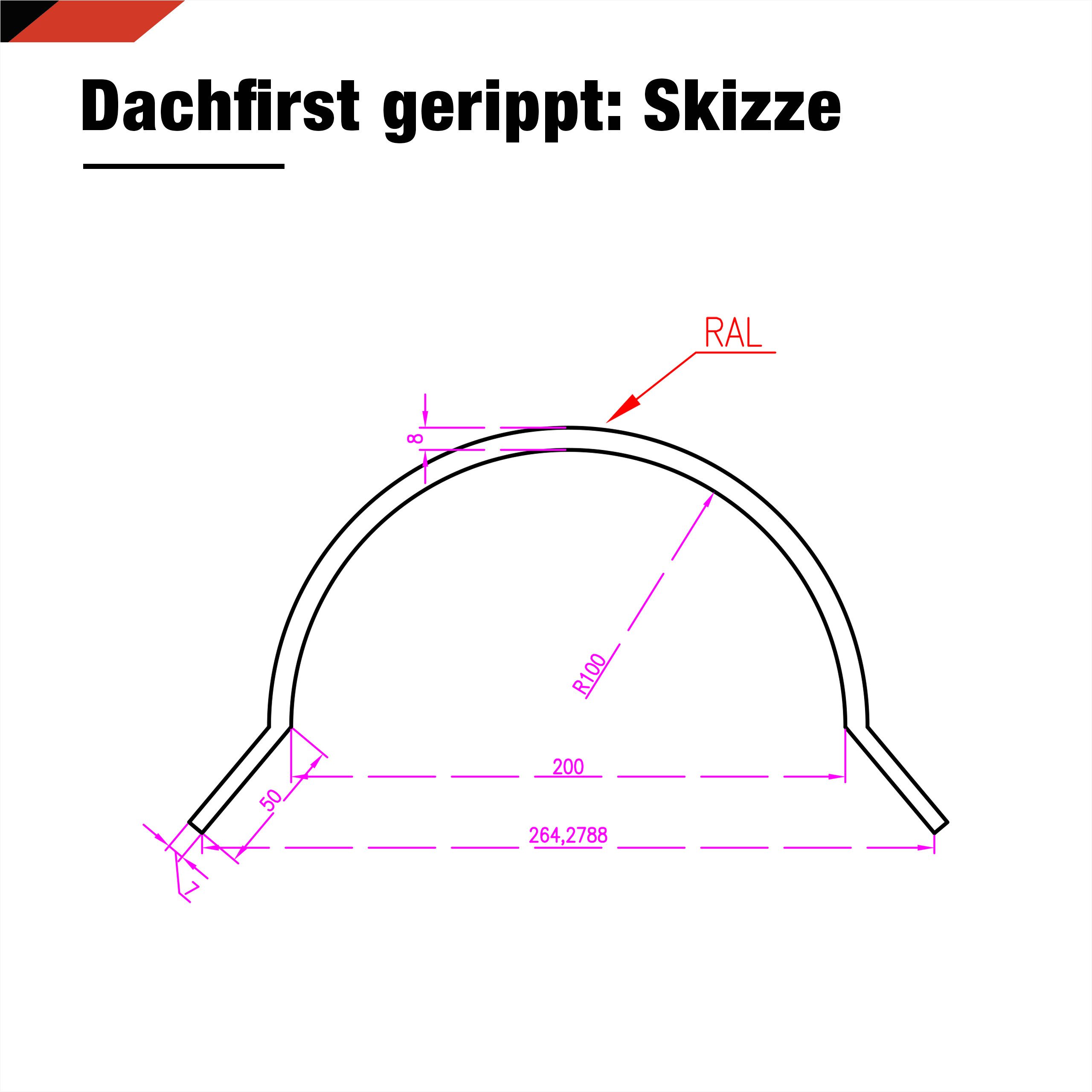 BRAVO Glattblech Dachfirst halbrund gerippt 1 m – Firstblech 0,5 mm f. Metalldachziegel, ideal für Gartenhaus, Carport, Garage und Schuppen