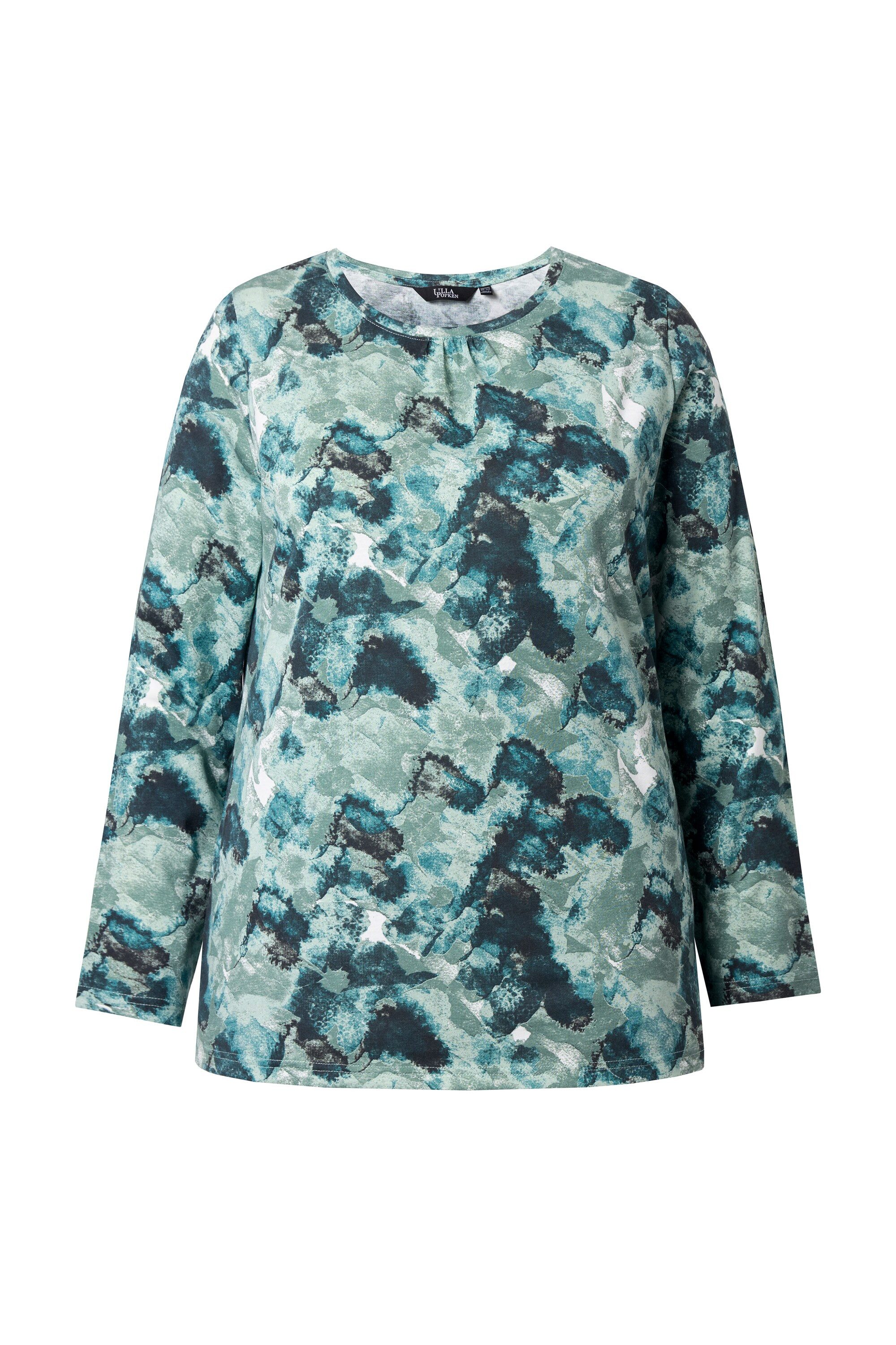 Ulla Popken T-Shirt Shirt Blüten Zierfalten A-Linie Rundhals Langarm günstig online kaufen