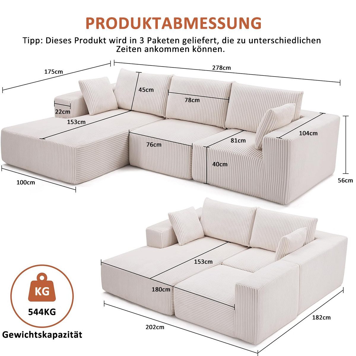 Mihtrov Ecksofa mit Schlaffunktion, Corduroy Modulares günstig online kaufen