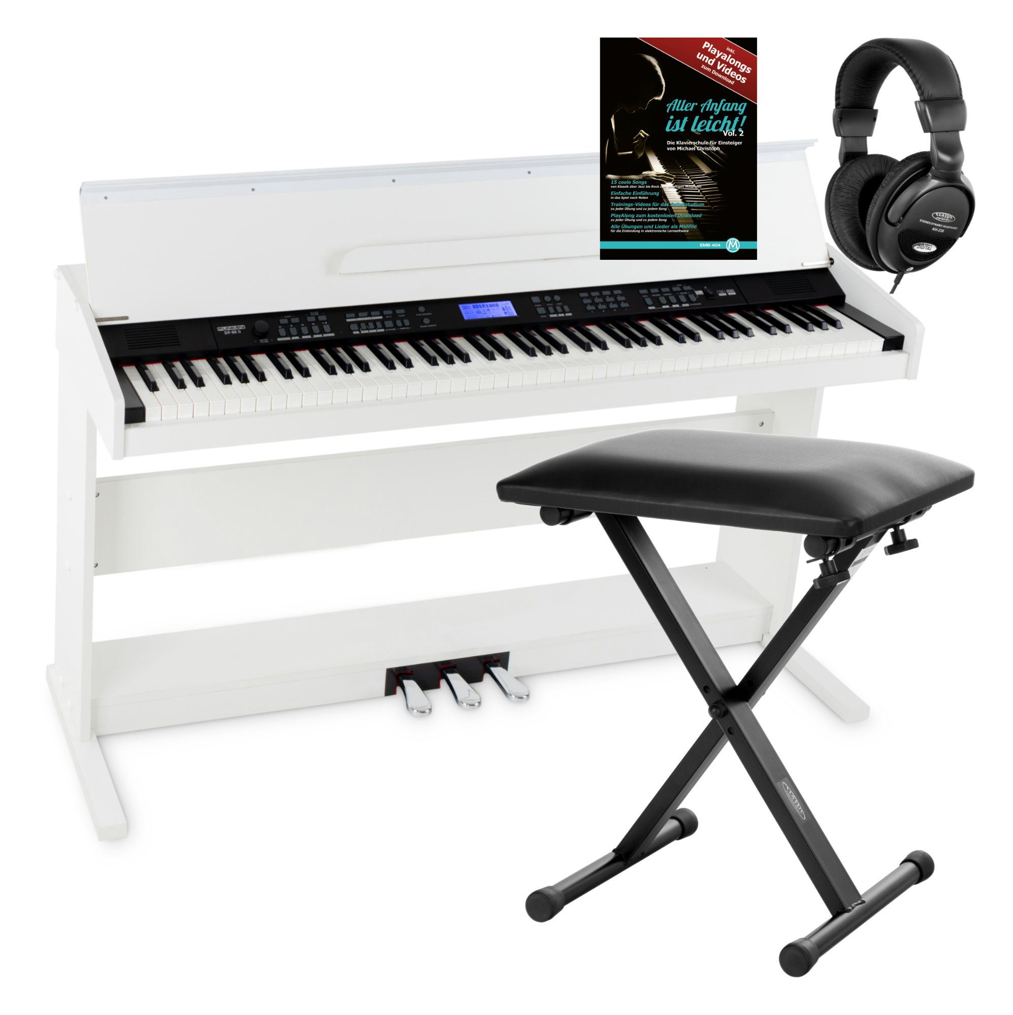 FunKey Digitalpiano DP-88 II E-Piano mit 88 anschlagsdynamische Tasten, (Economy-Set, 4 tlg., inkl. Keyboardbank, Kopfhörer und Klavierschule), umfangreiche Begleitautomatik und Keyboard Chord Akkordbegleitung