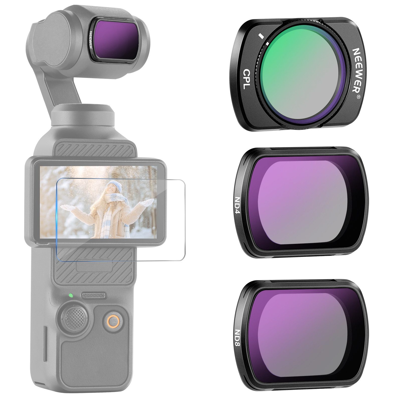 Neewer ND & CPL Filter Set kompatibel mit DJI Osmo Pocket 3 / Pocket 4 Foto-Filter-Sets (ND4 + ND8 + CPL magnetisches HD Neutraldichte Zubehörset)