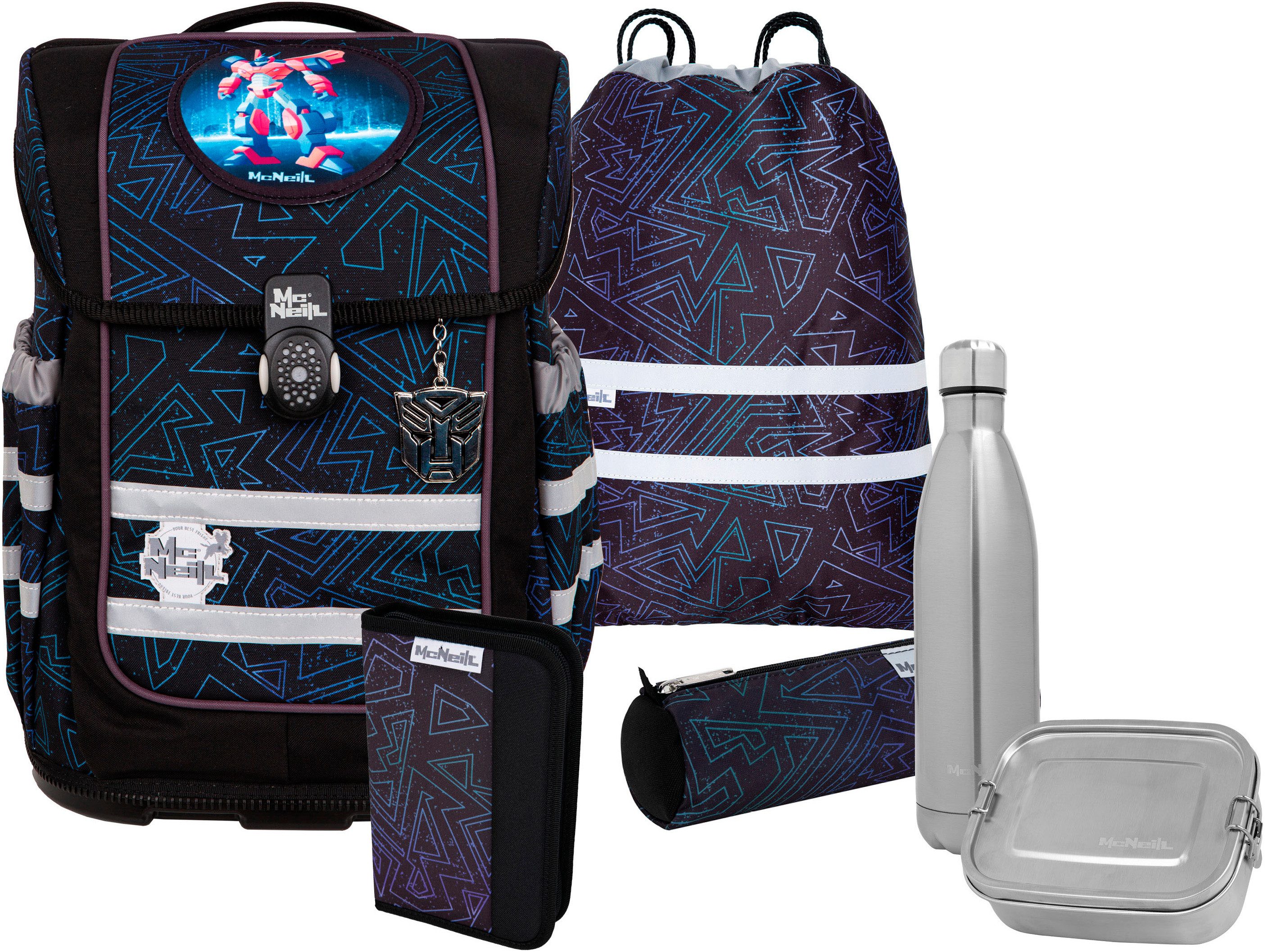 McNeill Schulranzen Ergo Compacto, Tron (Set, 5-tlg), inkl. Federmäppchen, Turnbeutel, Schlamperrolle & Motivmagnet