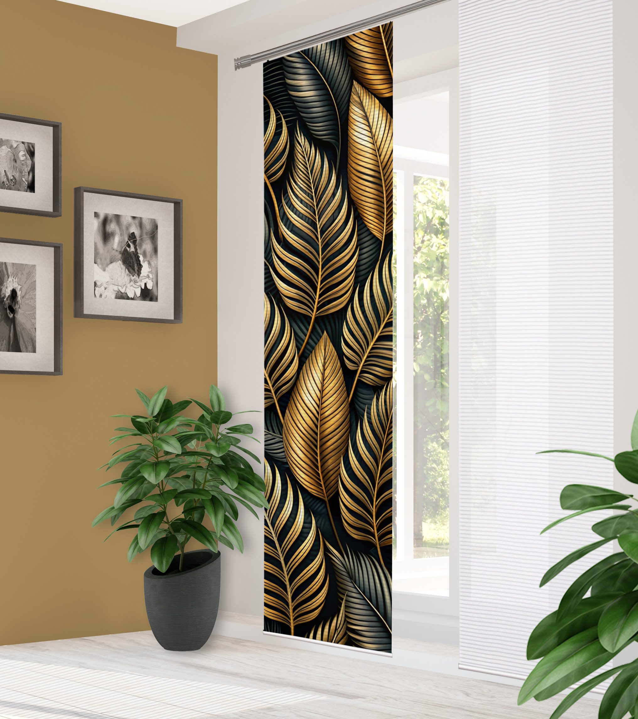 HOME WOHNIDEEN Schiebegardine HIG Schiebegardine ZEDRIC, recycelt, Palmenmotiv Bambusoptik 245x60 (1 St), Paneelwagen, halbtransparent, Polyester (recycelt) Polyester