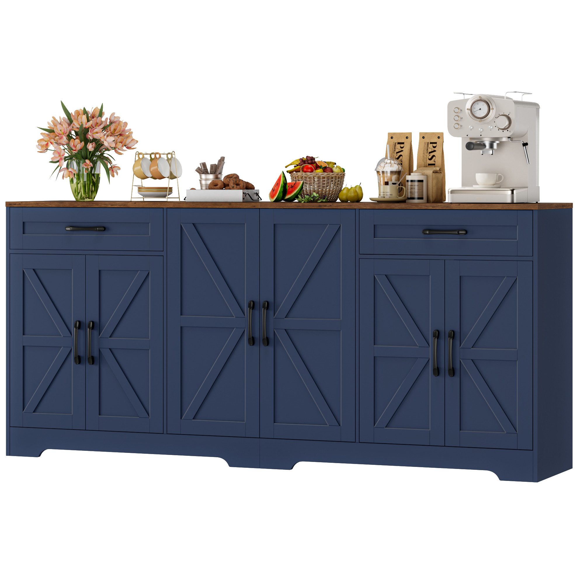 HOMECHO Sideboard, 180 cm breit Küchenschrank mit Arbeitsplatte, 6 Türen und 2 Schubladen