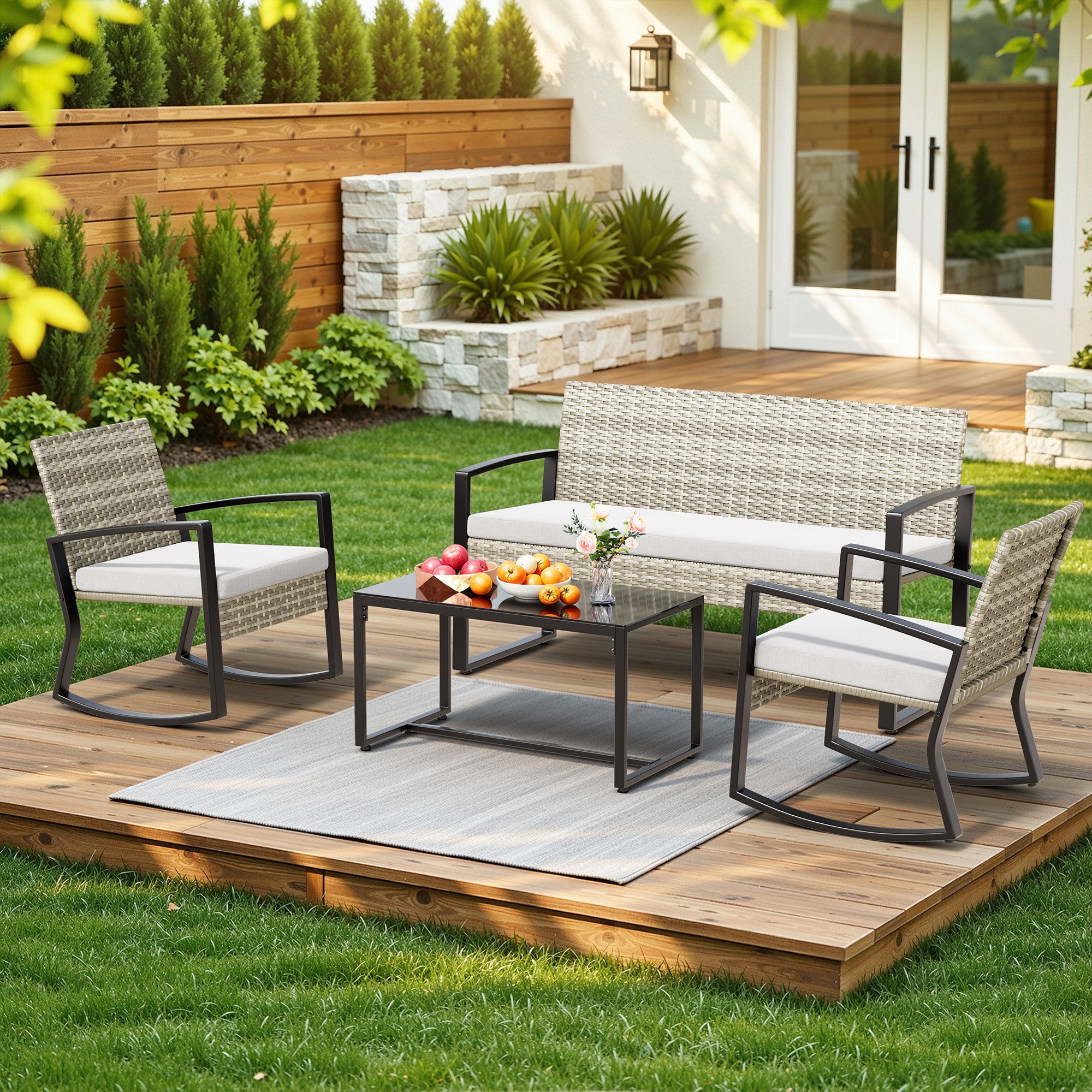 Bealife Balkonset Garten Balkonmöbel-Sets, 4-er Set Rattanmöbel für 4 Personen, (Ein 4-teiliges Set), Mit Schaukel-Funktion