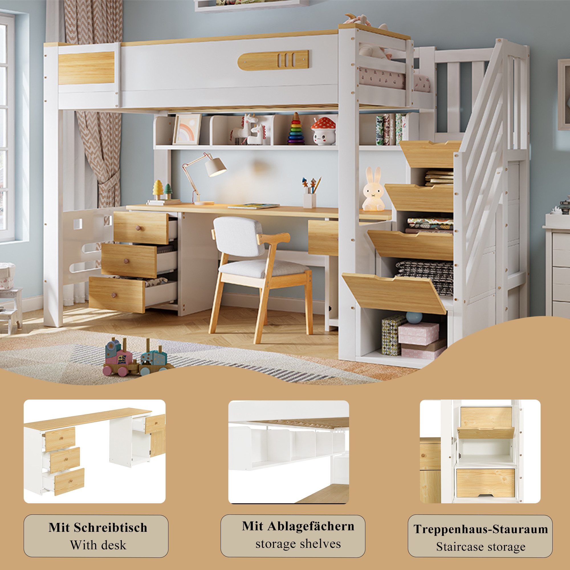 BlingBin Hochbett 90x200cm Kinderhochbett mit Schreibtisch,Stauraumtreppe und Schubladen (6 Packung, 1-St., mit Lattenrost,mehrstufigem Stauraumkonzept und breiter Treppe) Kombiniert Schlafplatz,Lernbereich Aufbewahrung,Ohne Matratze Stuhl