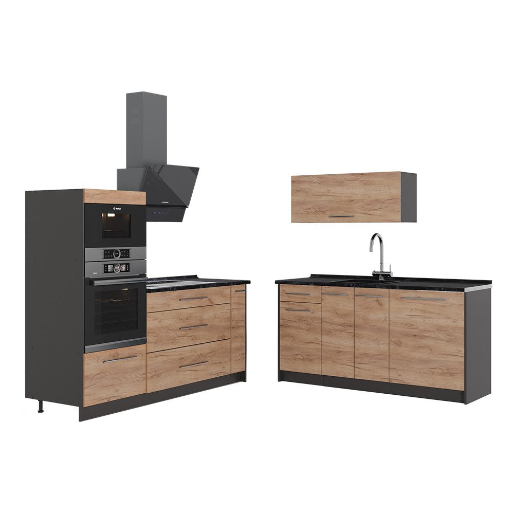 Vicco Küchenzeile Fame-Line, Goldkraft Eiche/Anthrazit, 340 cm ohne Arbeitsplatte