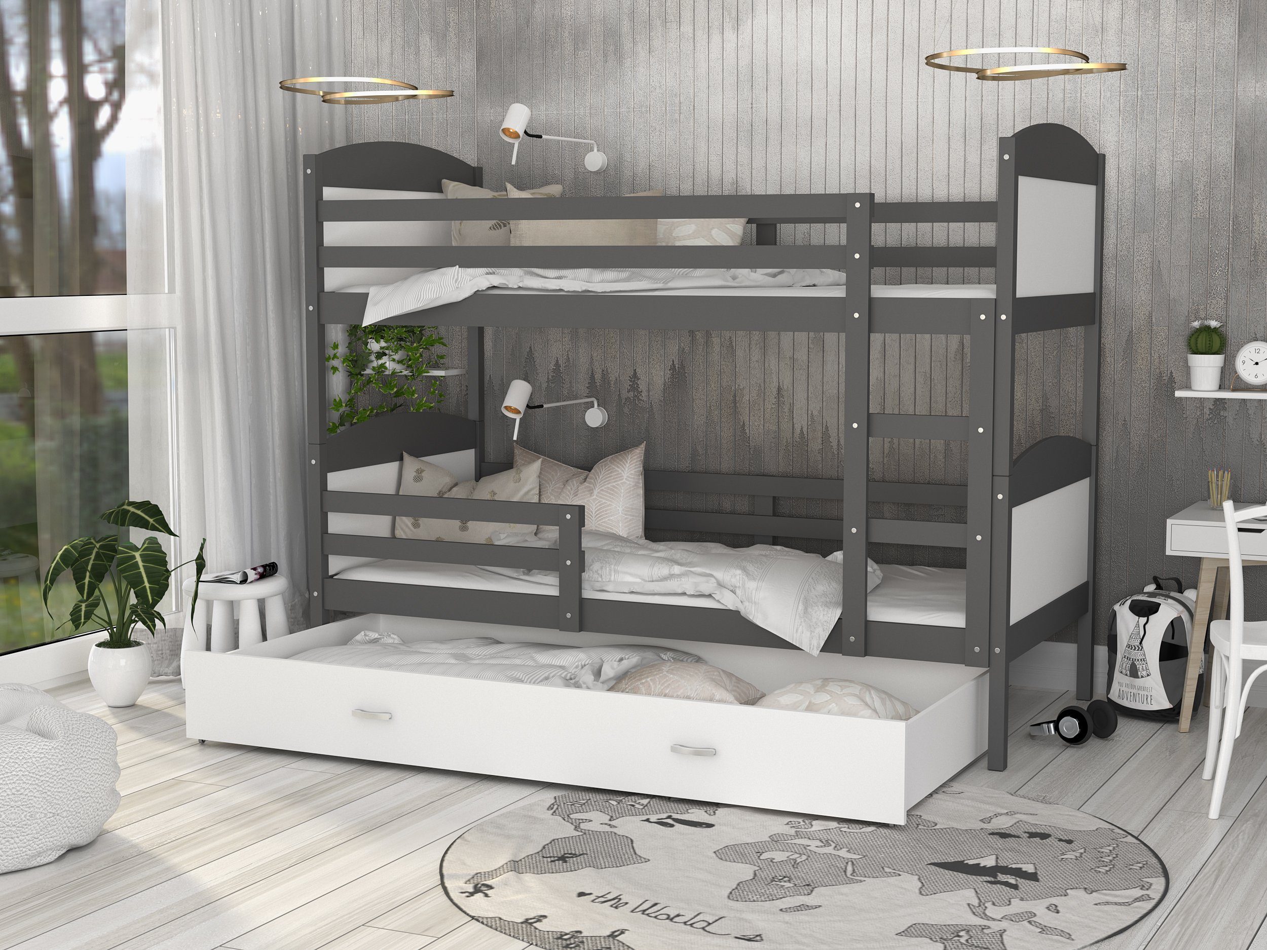 Siblo Kinderbett Mati (Flexibler Lattenrost, Schublade, Sicherheitsbarriere), Massivholz, Möbelplatte Grau und Weiß