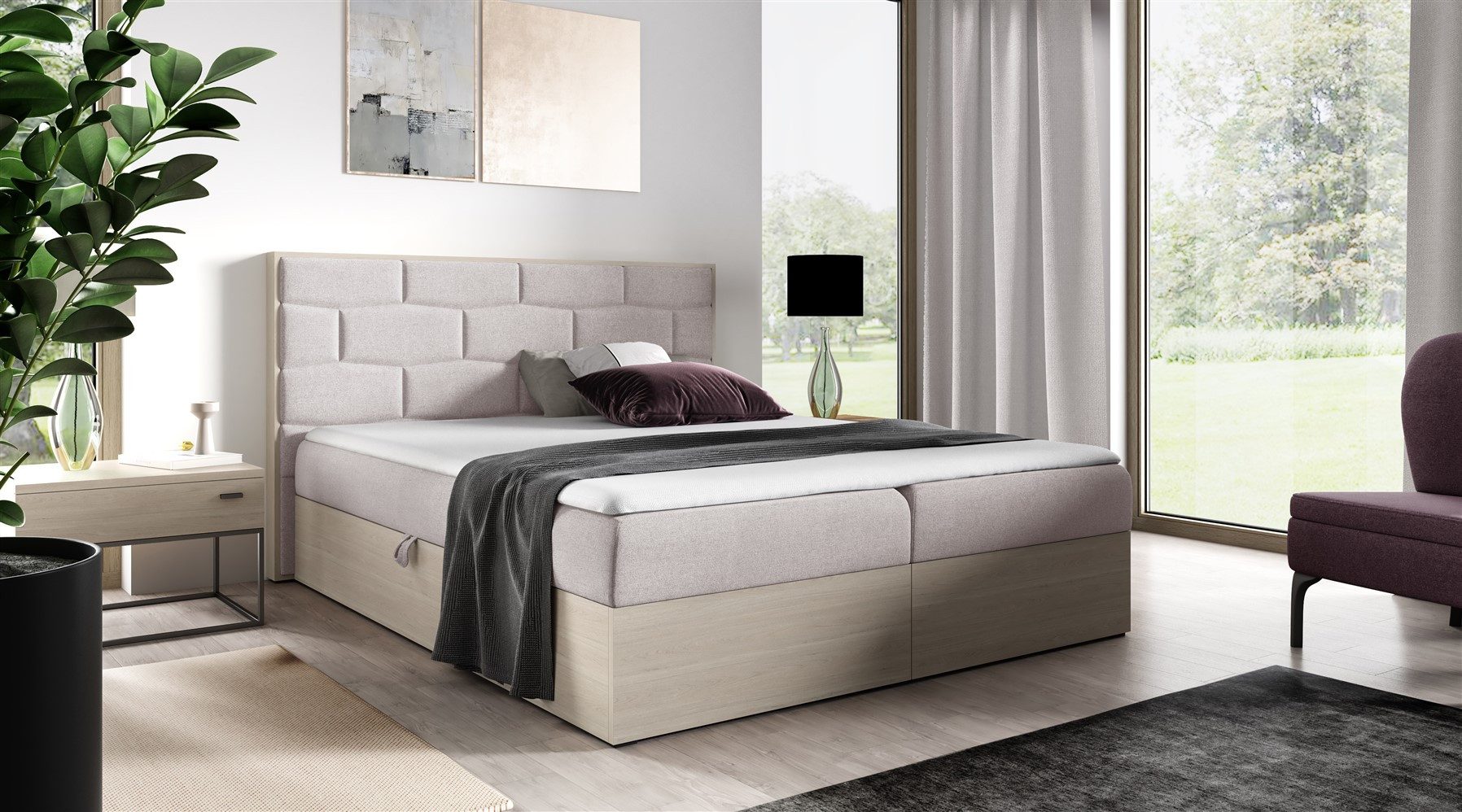 Fun Möbel Boxbett Schlafzimmerbett BEILA Nordic-Teak-Optik (inkl. Bettkasten, inkl. Topper), Stoff Faro