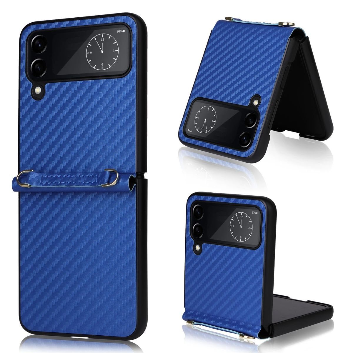 Wigento Handyhülle Für Samsung Galaxy Z Flip4 5G Kunstleder / Kunststoff Kohlefaser Struktur Handy Tasche Hülle Etuis Blau