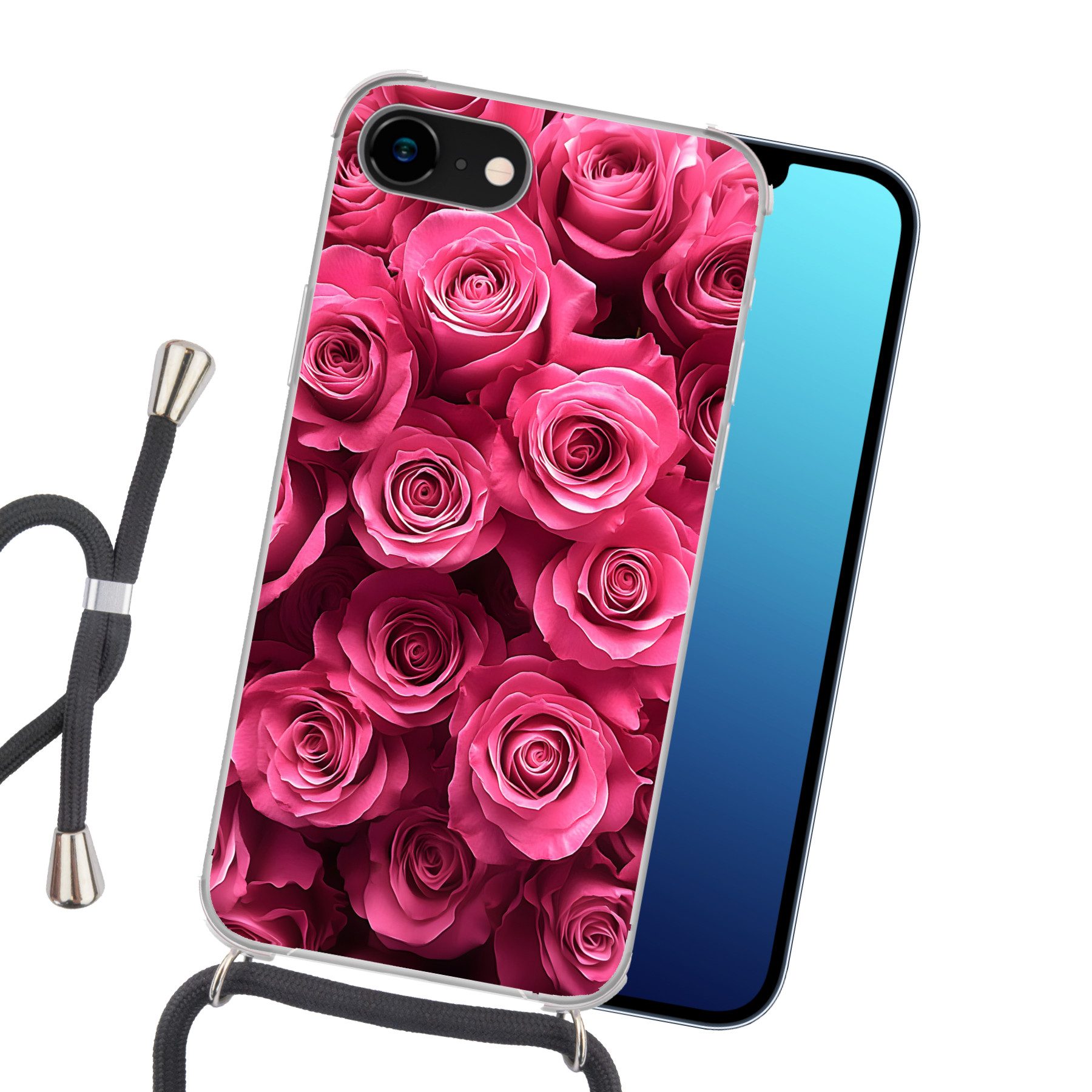 MuchoWow Handyhülle für Apple iPhone 8 Rosen - Rosa - Blume, Tragbare Handyhüllen mit Kette zum umhängen, Handykette Handyband