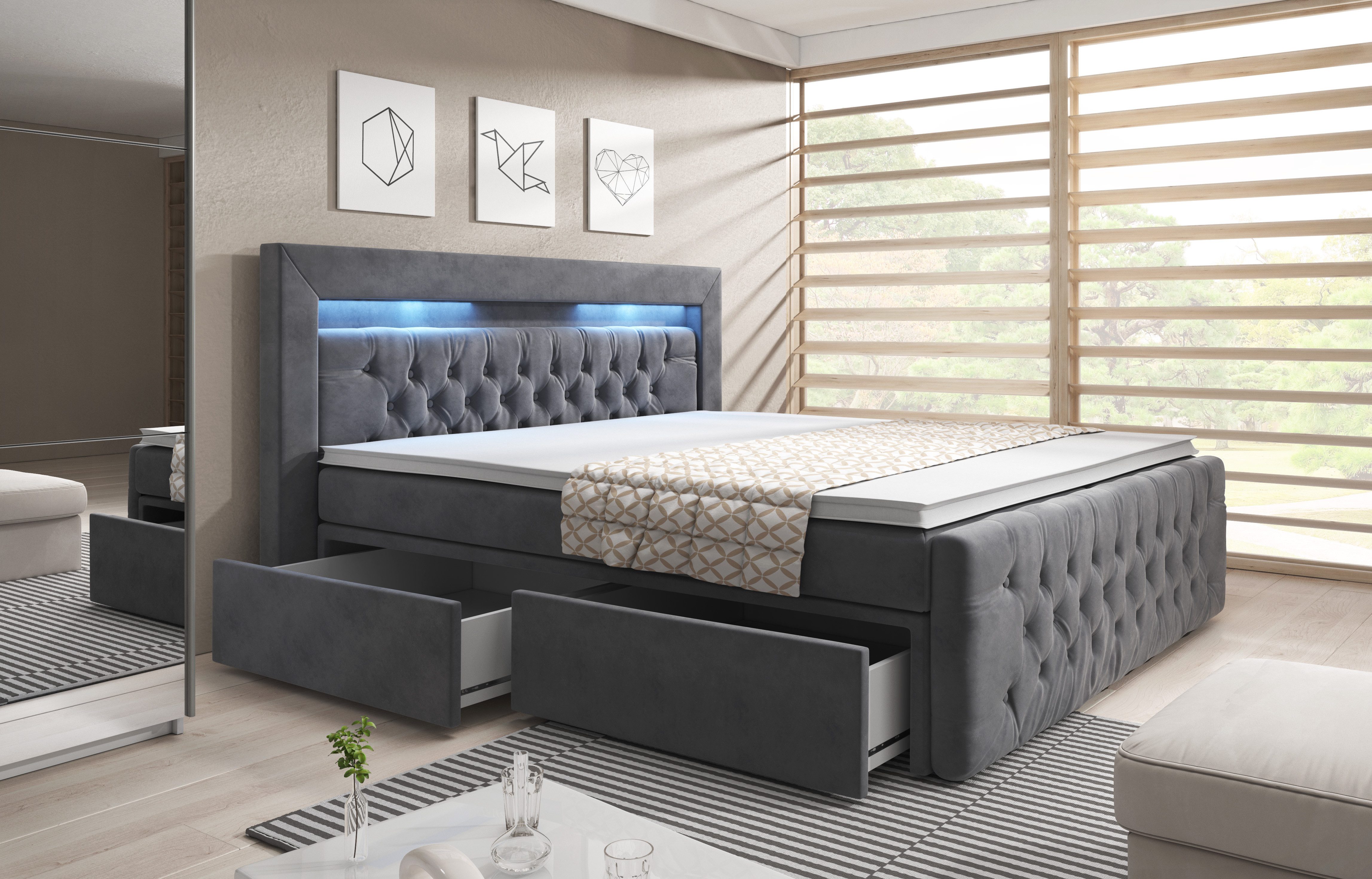 PROMETO Möbel Boxspringbett ARONA - Matratze, 2 Schubladen und Topper, LED und Chesterfield, mit 2 Schubladen, mit Topper und Matratze
