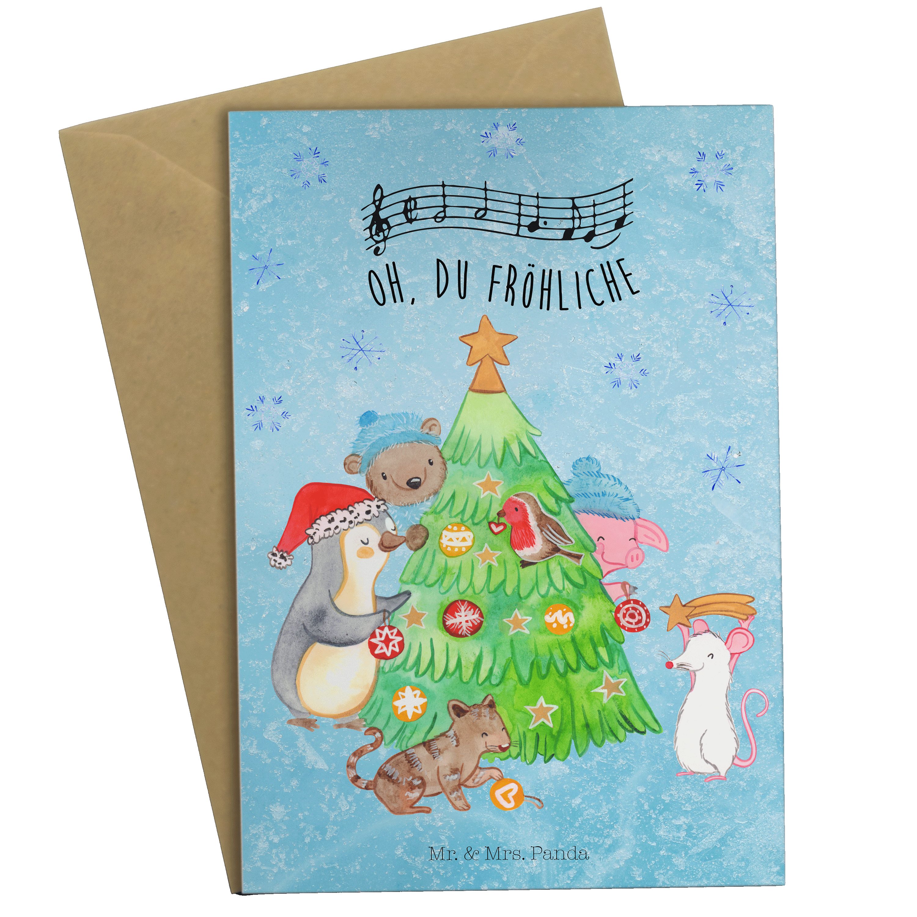 Mr. & Mrs. Panda Grußkarte Weihnachtsbaum schmücken - Eisblau - Geschenk, Nikolaus, Advent, Kart
