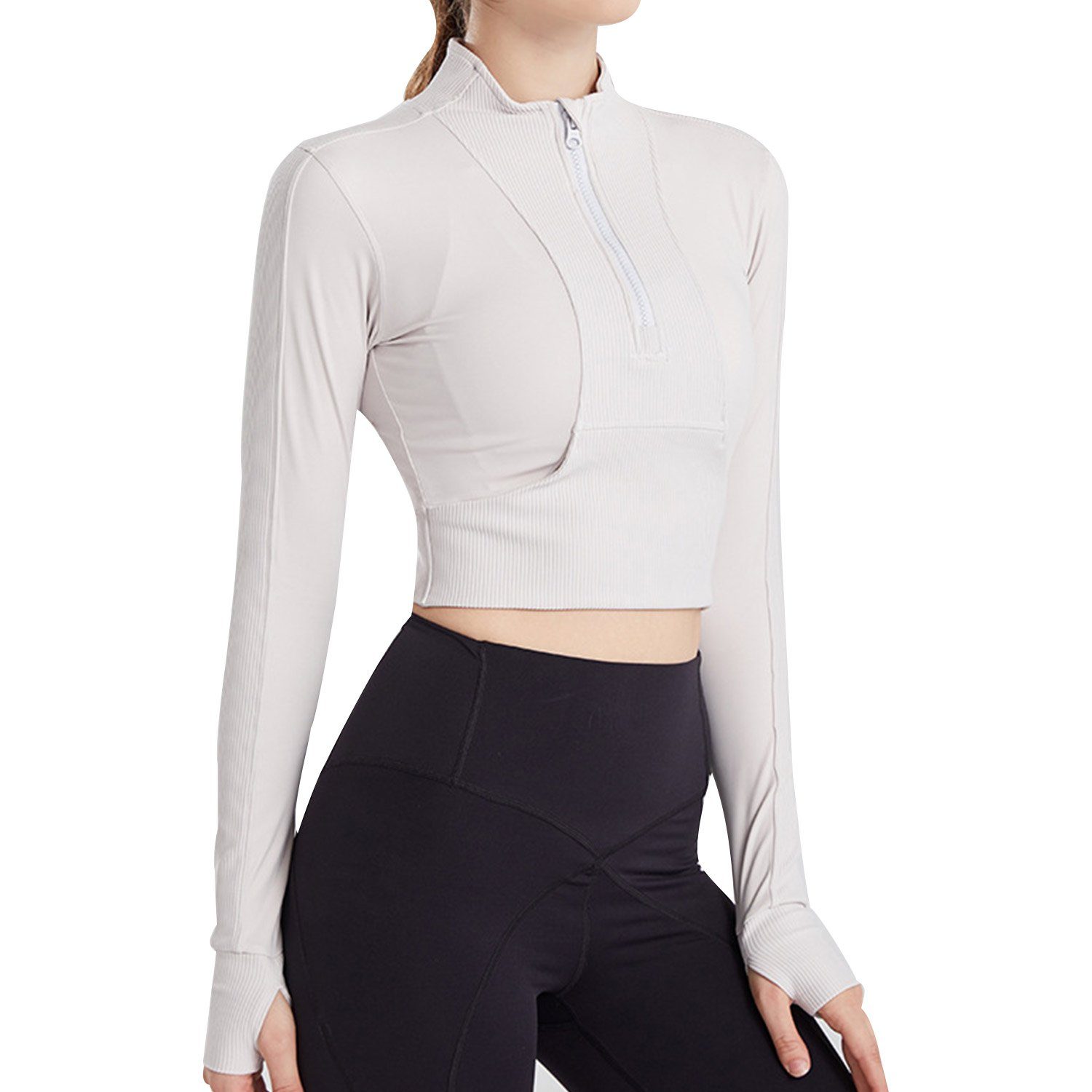 MAGICSHE Funktionsshirt T-Shirt Damen Fitness Top Sweatshirt Leicht Halber Reißverschluss Brust Design Weiß
