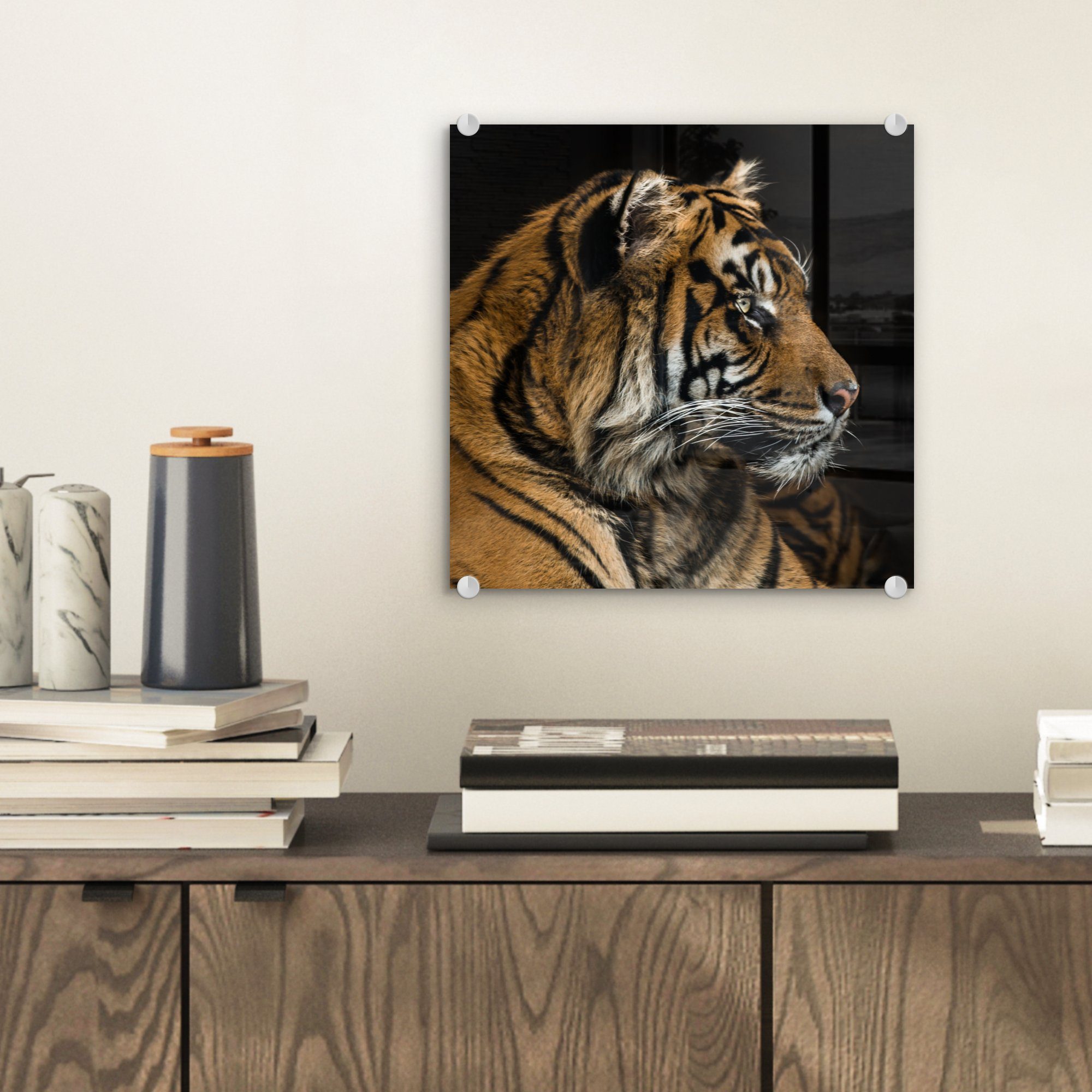 MuchoWow Acrylglasbild Tiger - Wanddekoration - Glas - Glasbilder Bilder Foto auf Schwarz, auf - - (1 Tierkopf St), Glas Wandbild