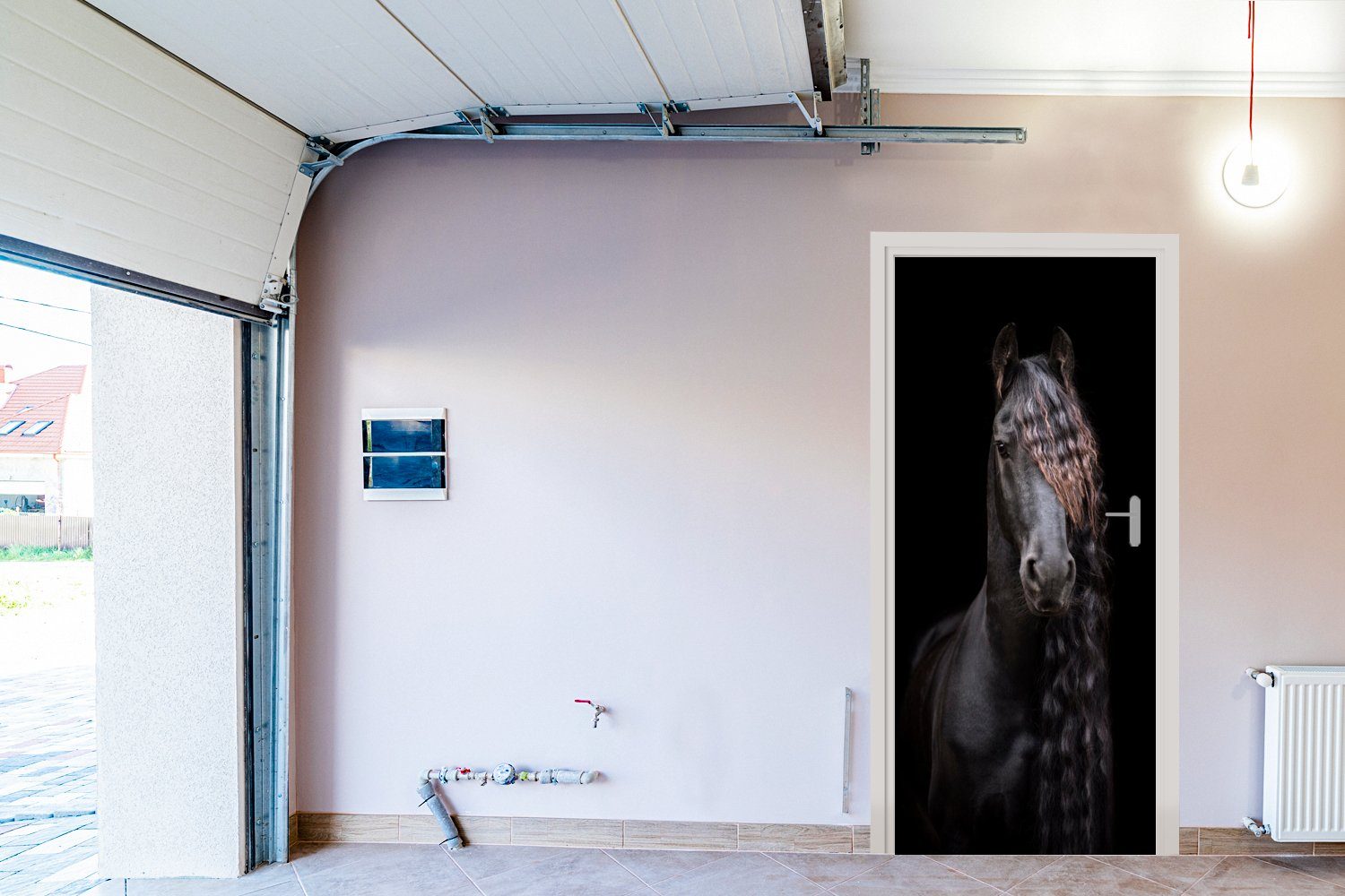 MuchoWow Türtapete Pferde - (1 cm Tür, Fototapete - für Schwarz bedruckt, 75x205 Friesisch Tiere, - Türaufkleber, - St), Mähne Matt