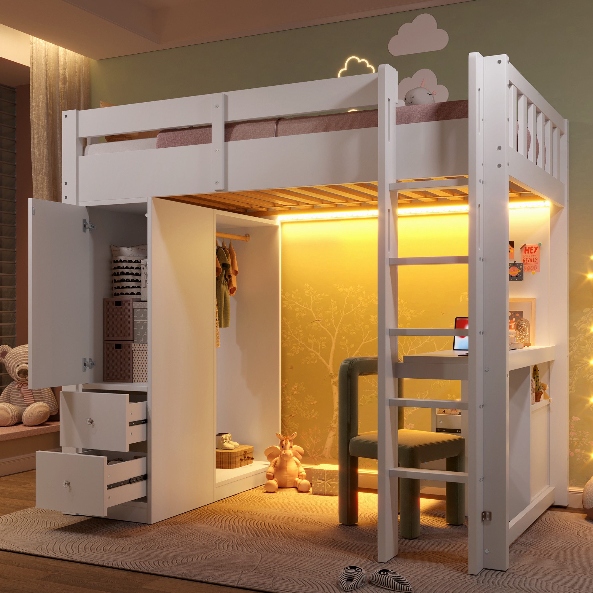 Odikalo Hochbett 90x200 Kinderbett mit Schreibtisch und LED (90x200 Hochbet günstig online kaufen