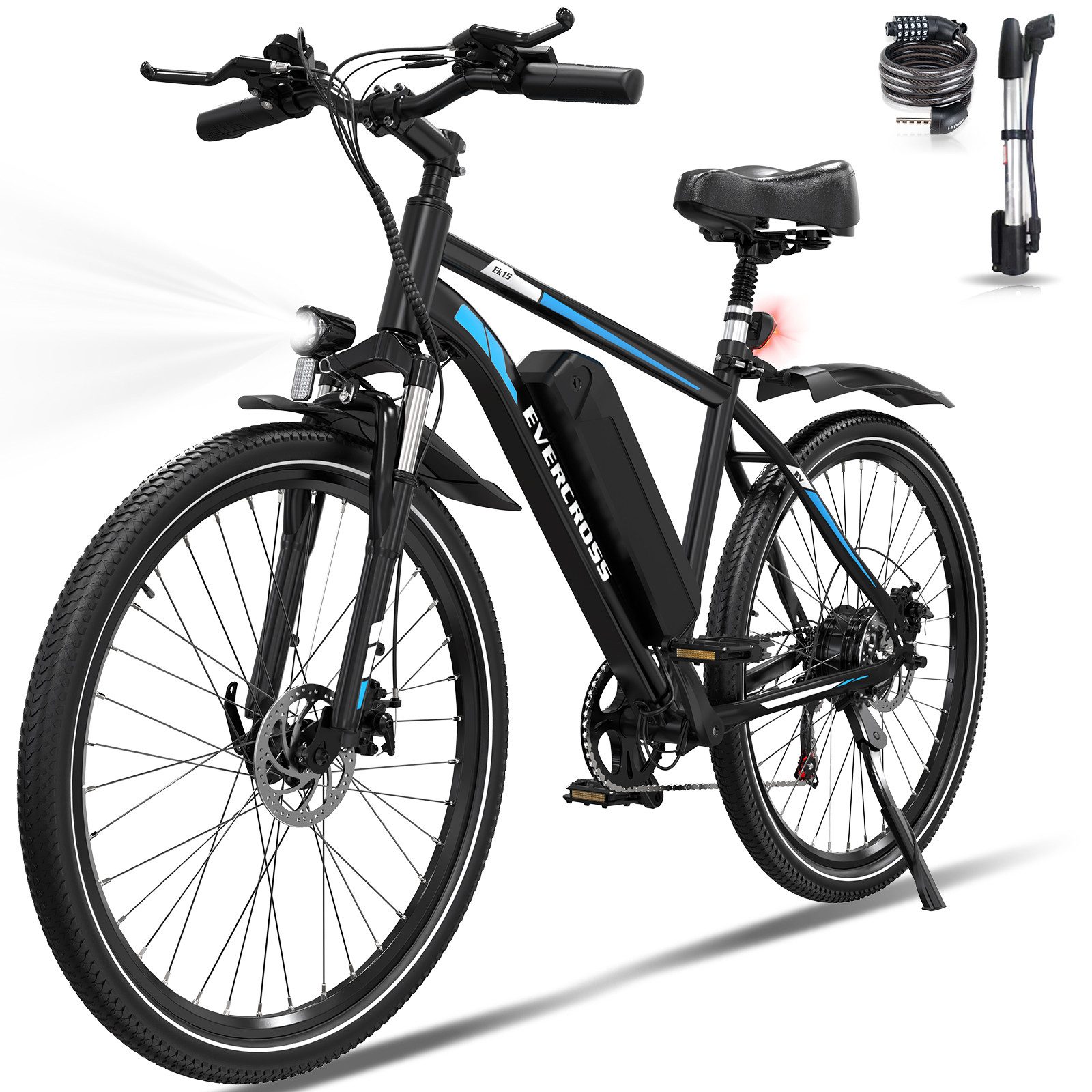 EVERCROSS TECH E-Bike Cityrad für Pendler,27,5-Zoll-Elektrofahrrad,36V 13AH AKKU, 7 Gang, Heckmotor, 468 Wh, 1 Gang, 250W, 468 Wh,E-Citybike mit Schloss, Pumpe