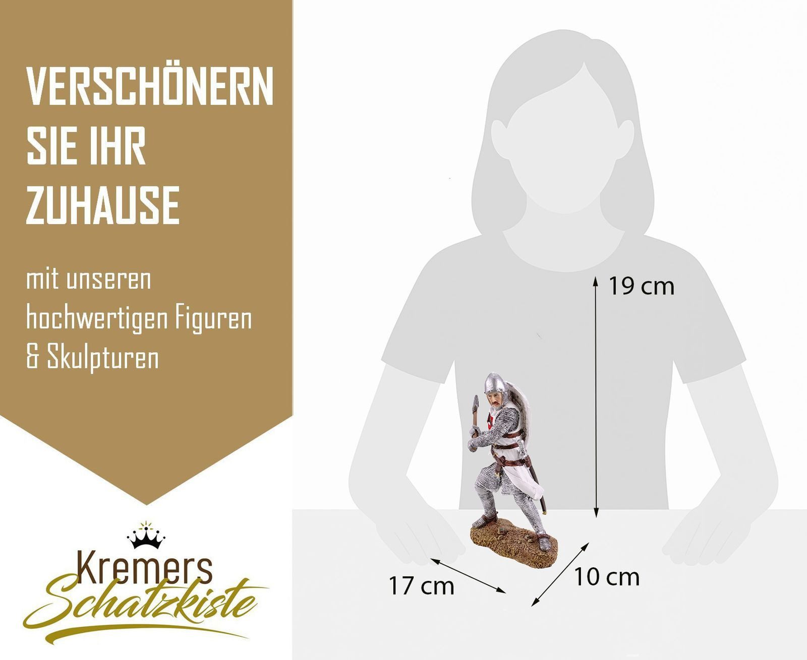 Kremers Schatzkiste Dekofigur Tempelritter Figur mit Axt und Schild Handbemalt 19 x 17 cm