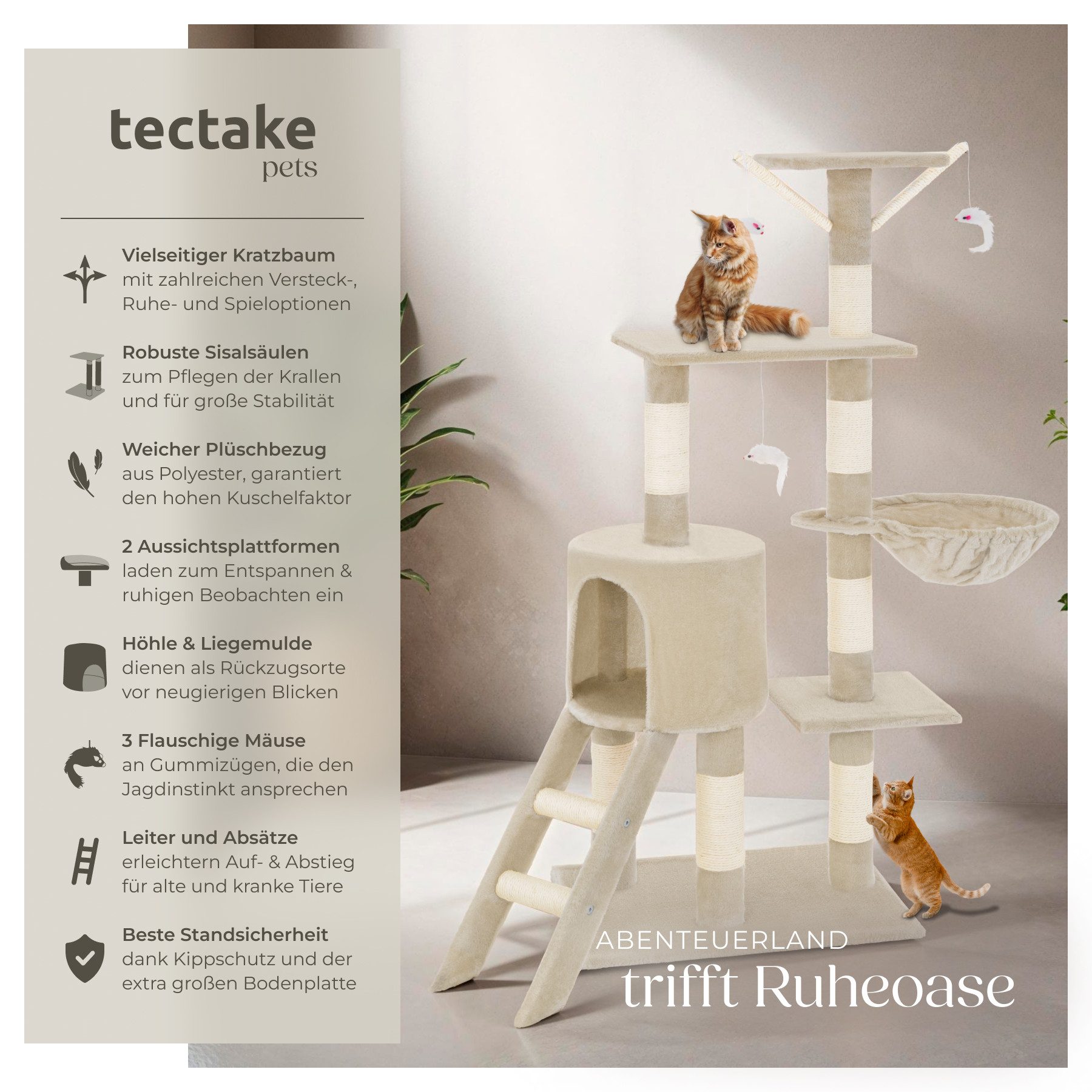 tectake Kratzbaum Katzenbaum Dominik 144 cm Diverse Farben Beige, Vielseitig mit robusten Sisalstangen und Plüschoberfläche