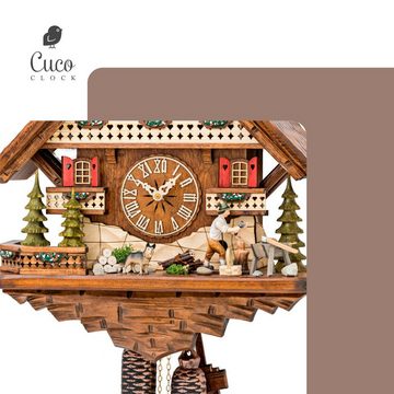 Cuco Clock Pendelwanduhr Kuckucksuhr Schwarzwalduhr "Holzhacker mit Schäferhund" und Wanduhr (42 x 40 x 21cm, 8 - Tage Werk, manuelle Nachtabschaltung)