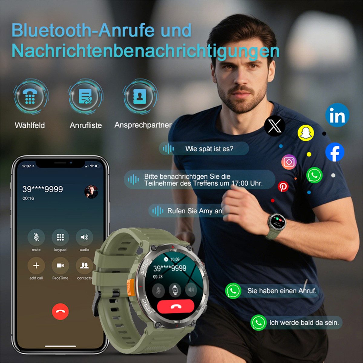 blackview Militärische Smartwatch für Herren mit Telefonfunktion, 960 mAh Akku Smartwatch (1.45 Zoll, iOS/Android), 1× Silikonarmband 1× Geflochtenes Armband 1× Magnetisches Ladekabel, 30 Tage Akkulaufzeit, LED-Taschenlampe, Kompass,150+ Sportmodi,IP68