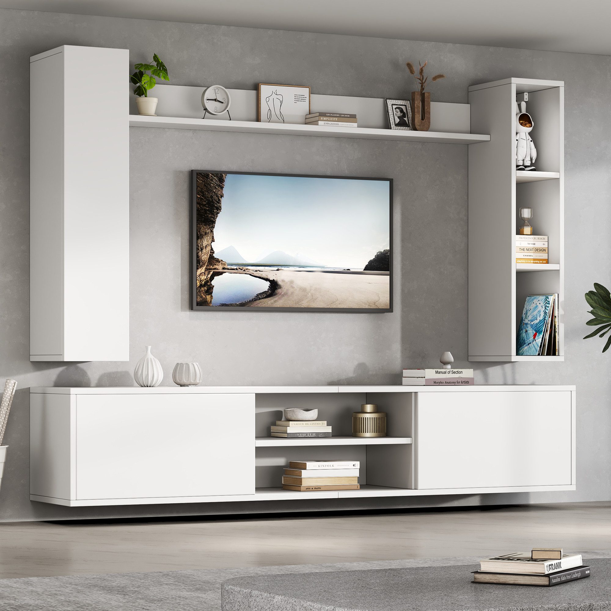 HAUSS SPOLE Wohnzimmer-Set mit Vitrinen,Wohnwand-set Wohnzimmer-Set mit Wandregal&TV-Schrank, (Wohnzimmermöbel-Set, 4-St., TV-Board, Standregal und Wandregal), stehend oder hängend,TV bis 80 Zoll