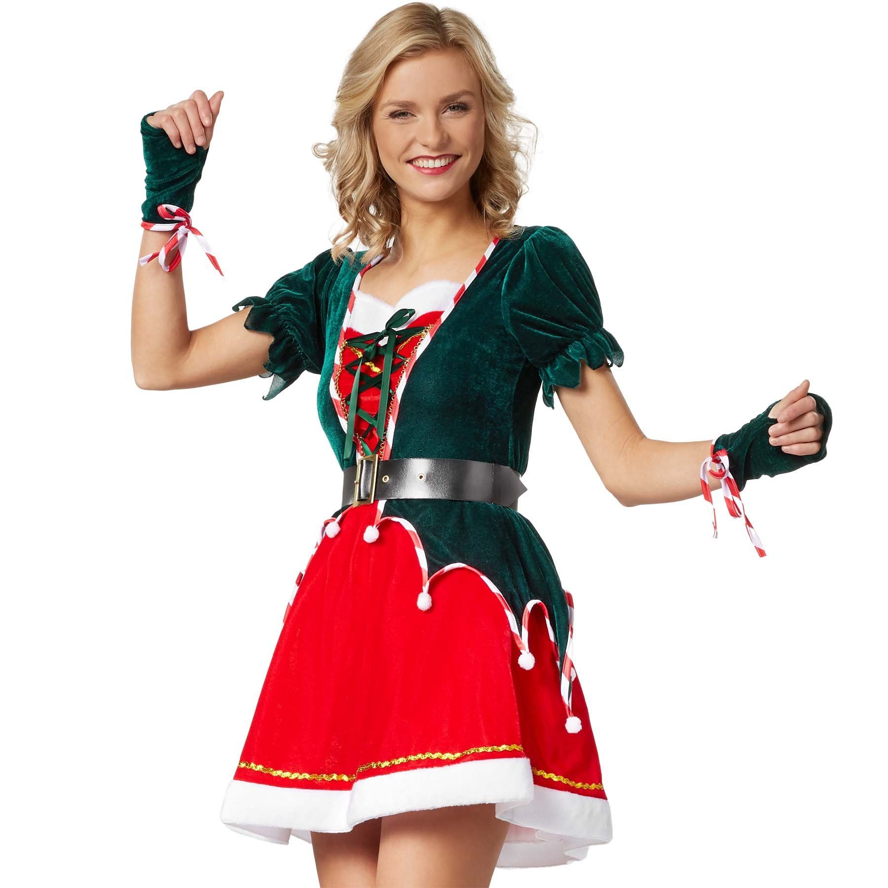 dressforfun Engel-Kostüm Sexy Weihnachtselfe, Liebreizendes Elfenkostüm aus Samt in Grün, Rot und Weiß
