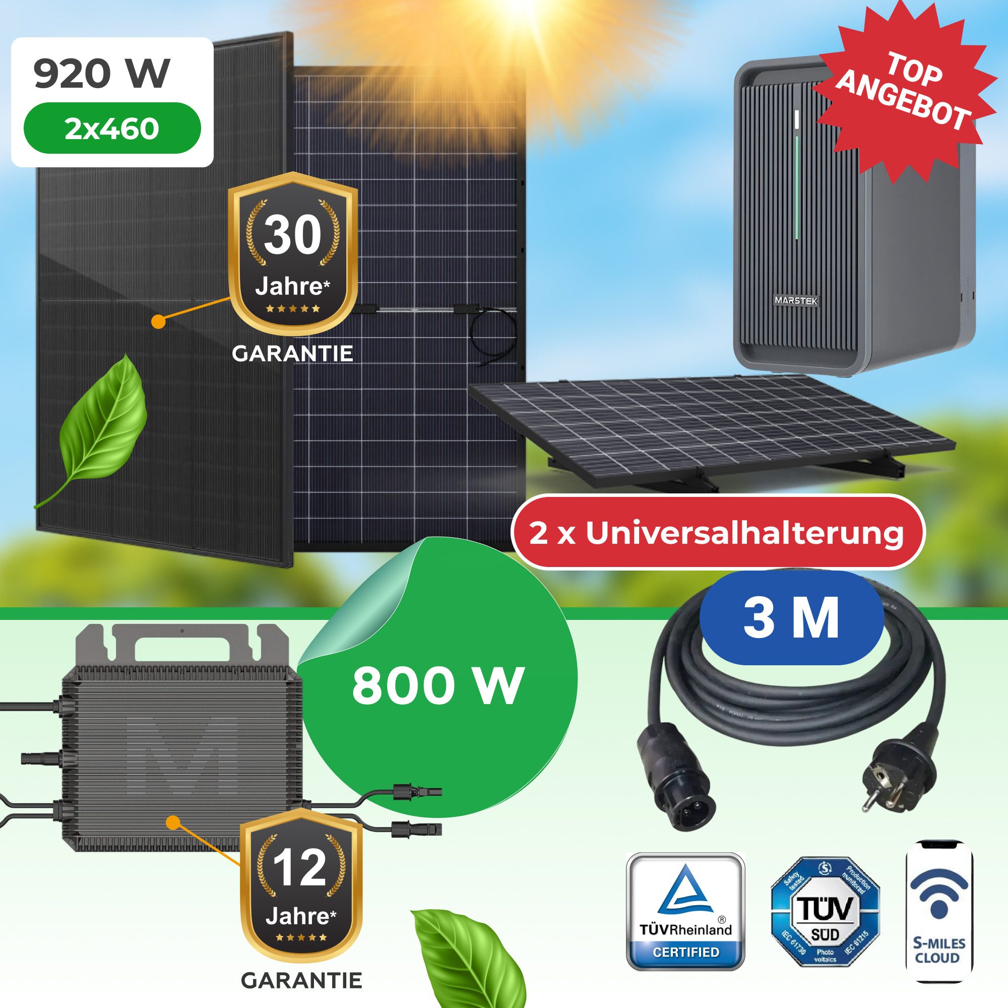 Paket.ag Balkonkraftwerk 920W mit 2,24 kWh, 800W Wechselrichter, Universal-Halterungen, (1-St)