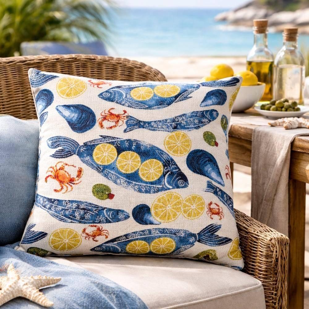 sander table + home Kissenhülle Kissenhülle Paros aus Jacquard – Maritimes Design mit Fisch & Zitrone