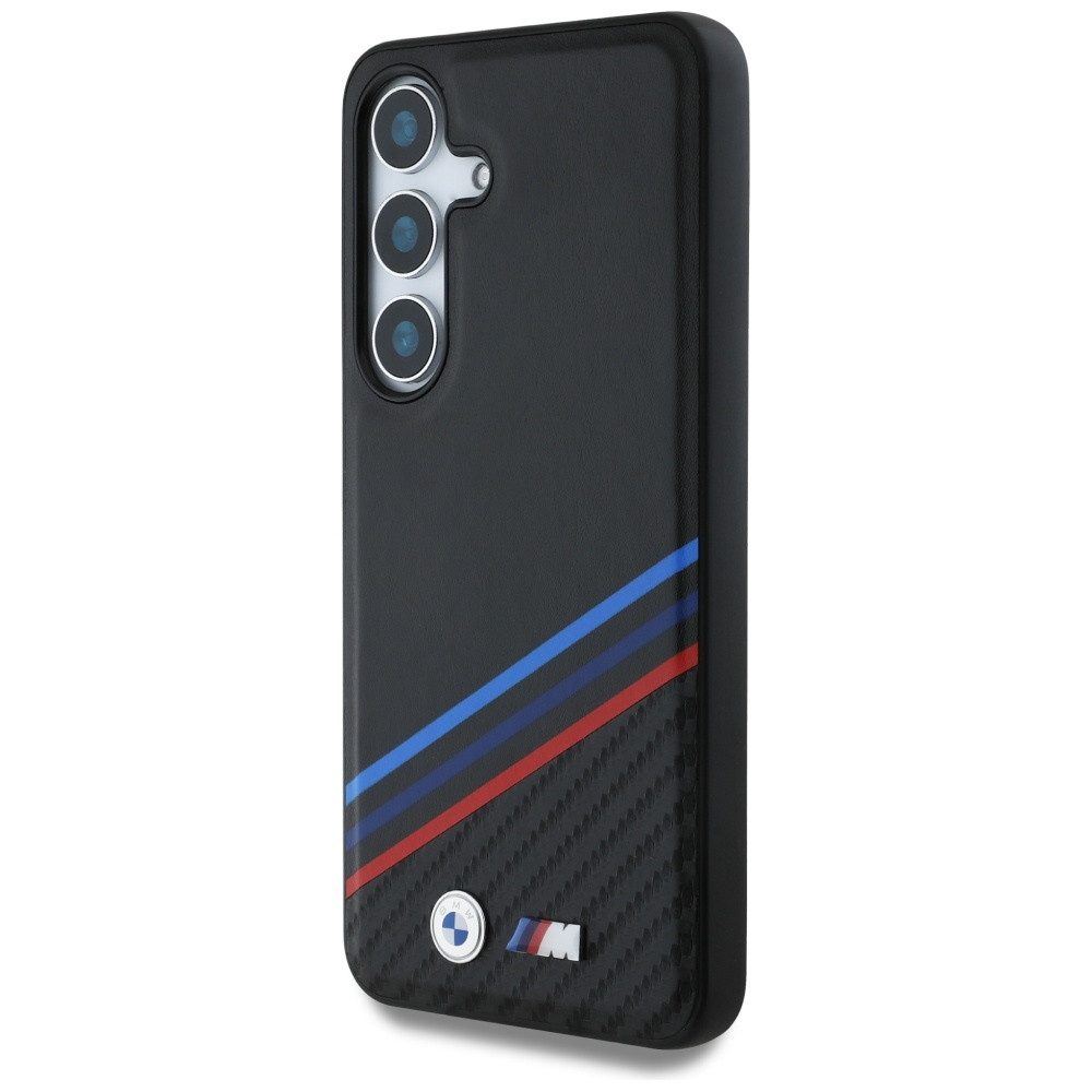 BMW Handyhülle Galaxy S25 Kunstleder Tricolor schwarz MagSafe Logo Metall 6,2 Zoll, Kantenschutz