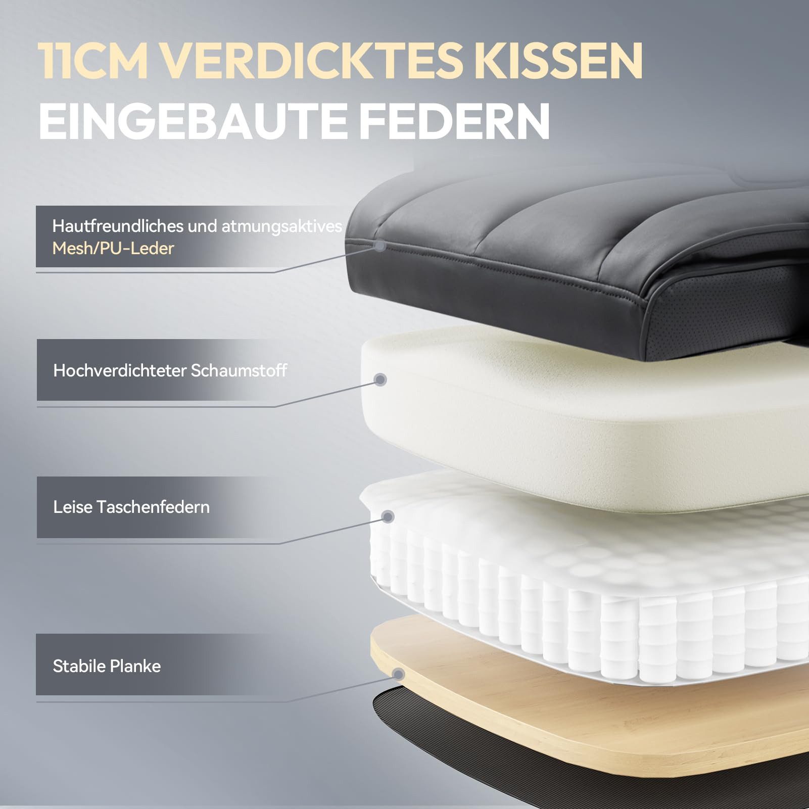 Dowinx Gaming-Stuhl Bürostuhl Ergonomisch mit Taschenfeder-Kissen (Packung), Chefsessel mit weiche Rückenlehne und verstellbare Lendenkissen