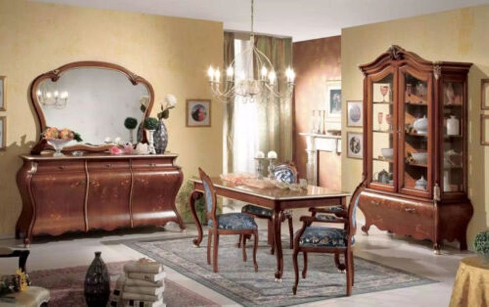 JVmoebel Esszimmer-Set Großes Esszimmer Spiegel Spiegel Esstisch Luxus Stühle (8-St., + Set Kommode 4x Esstisch Stühle Nur + + Sideboard Vitrine), Holzschnitzerei 4x + 8tlg