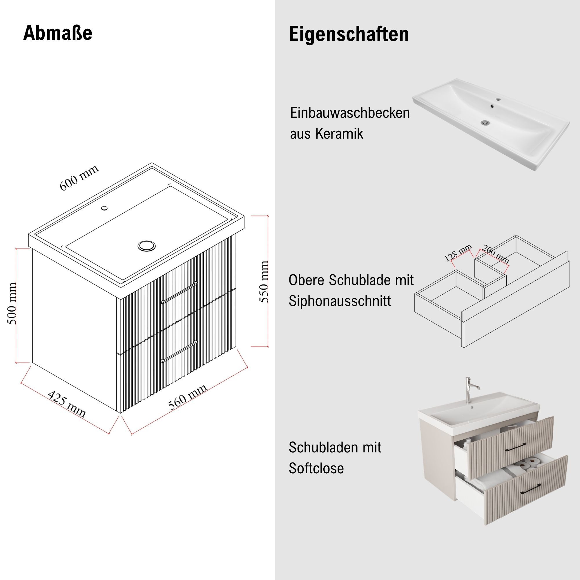 Karen Waschtisch-Set Waschtisch mit Unterschrank Liana, (Komplett-Set, Standartmäßig 2-Teilig (Unterschrank, Waschbecken), 2-St., Der Lieferumfang umfasst Unter – Bild 2 von 5