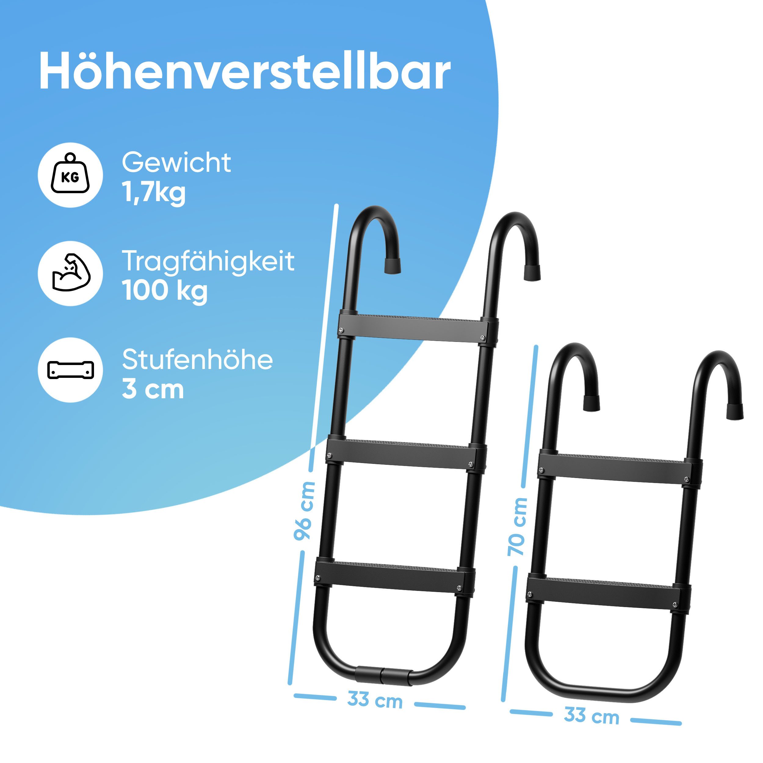 Björn&Schiller Trampolinleiter Höhenverstellbare Leiter 70-96 cm - 3 Stufen, stabile Fixierung, rutschfest, wetterfest, einfache Montage