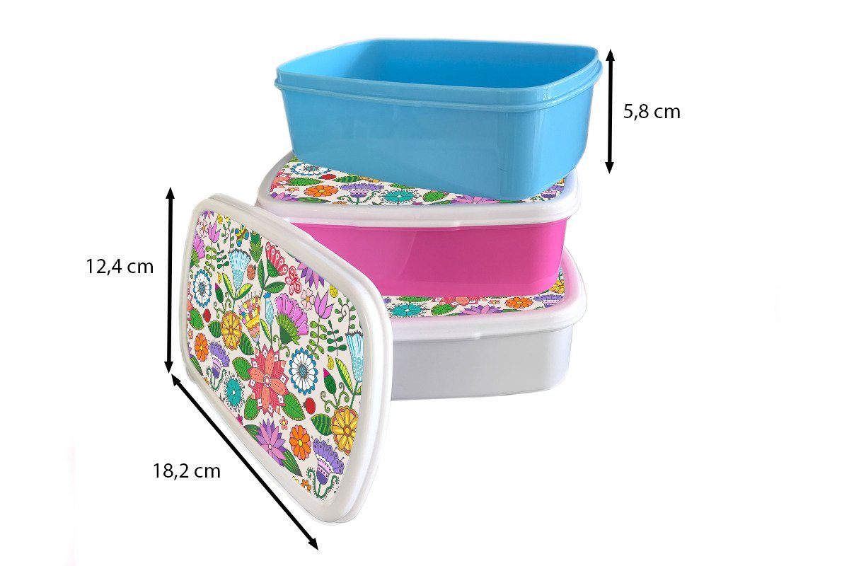 für MuchoWow Jungs für und Schmetterling - Brotdose, Blumen Design, und Kunststoff, Erwachsene, Brotbox weiß (2-tlg), Lunchbox Kinder - Mädchen Regenbogen -