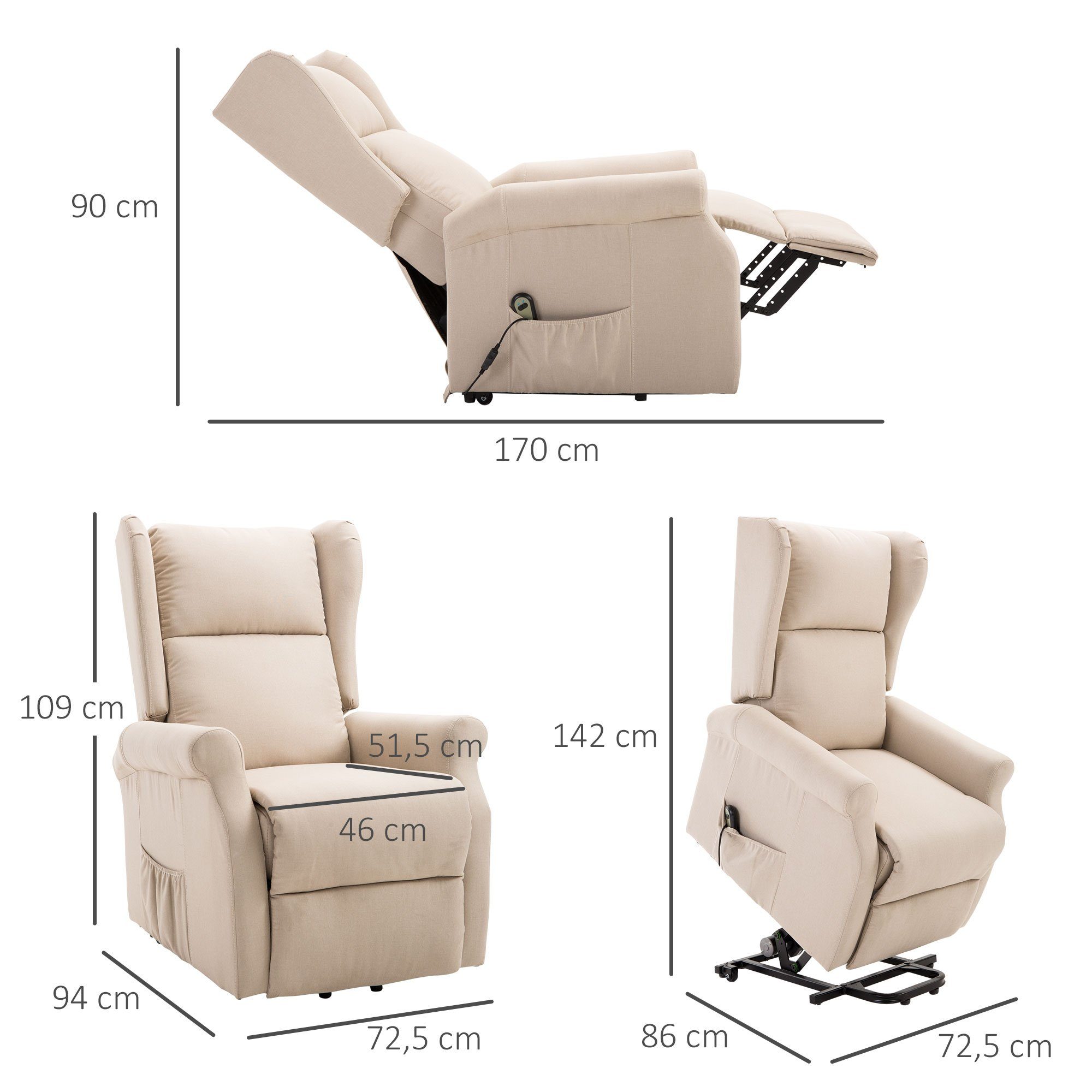 HOMCOM Relaxsessel elektrischer Sessel mit Aufstehhilfe, TV-Sessel mit Liegefunktion (Set, 1-St., 1), Elektrische Aufstehhilfe, Seitentasche