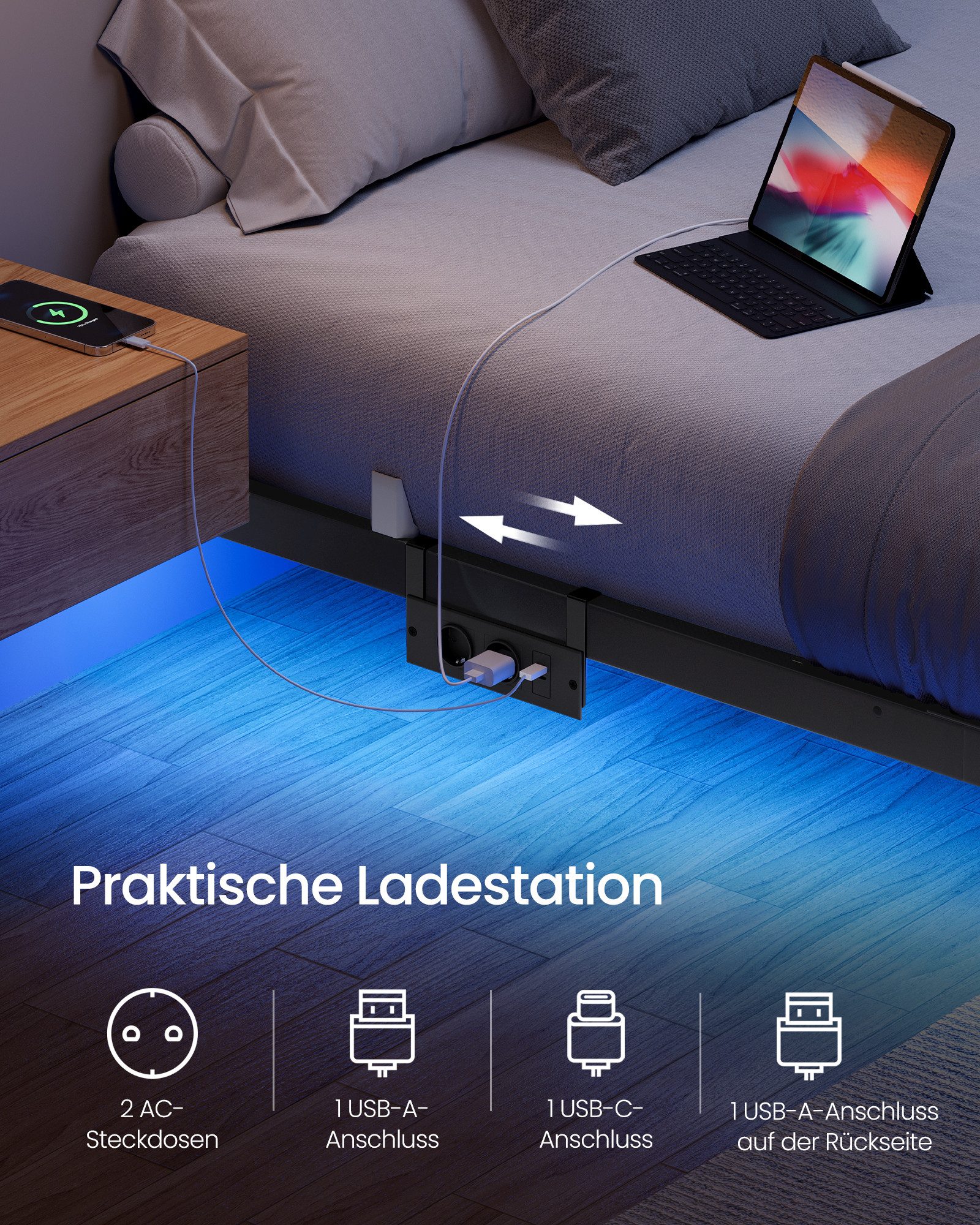 VASAGLE Bettgestell, Bettgestell mit LED-Beleuchtung, USB-C-Anschluss, Steckdosenleiste