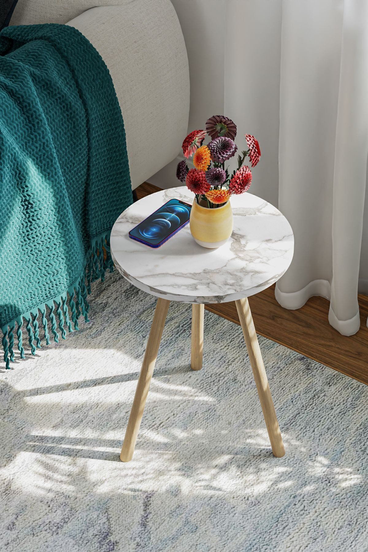 en.casa Beistelltisch (1-St), Holzbeine, melaminbeschichtet, Farbe: weiß Marmoroptik